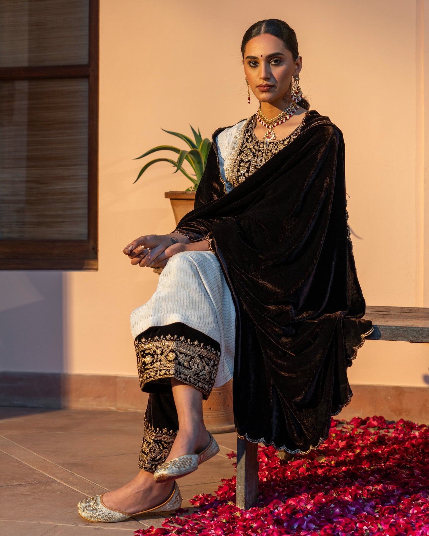 White and Brown Brocade Tunic with Velvet Pants