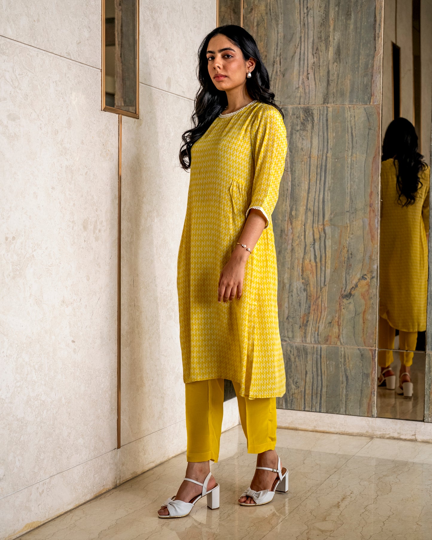 Printed Crepe Tunic Set - YELLOW