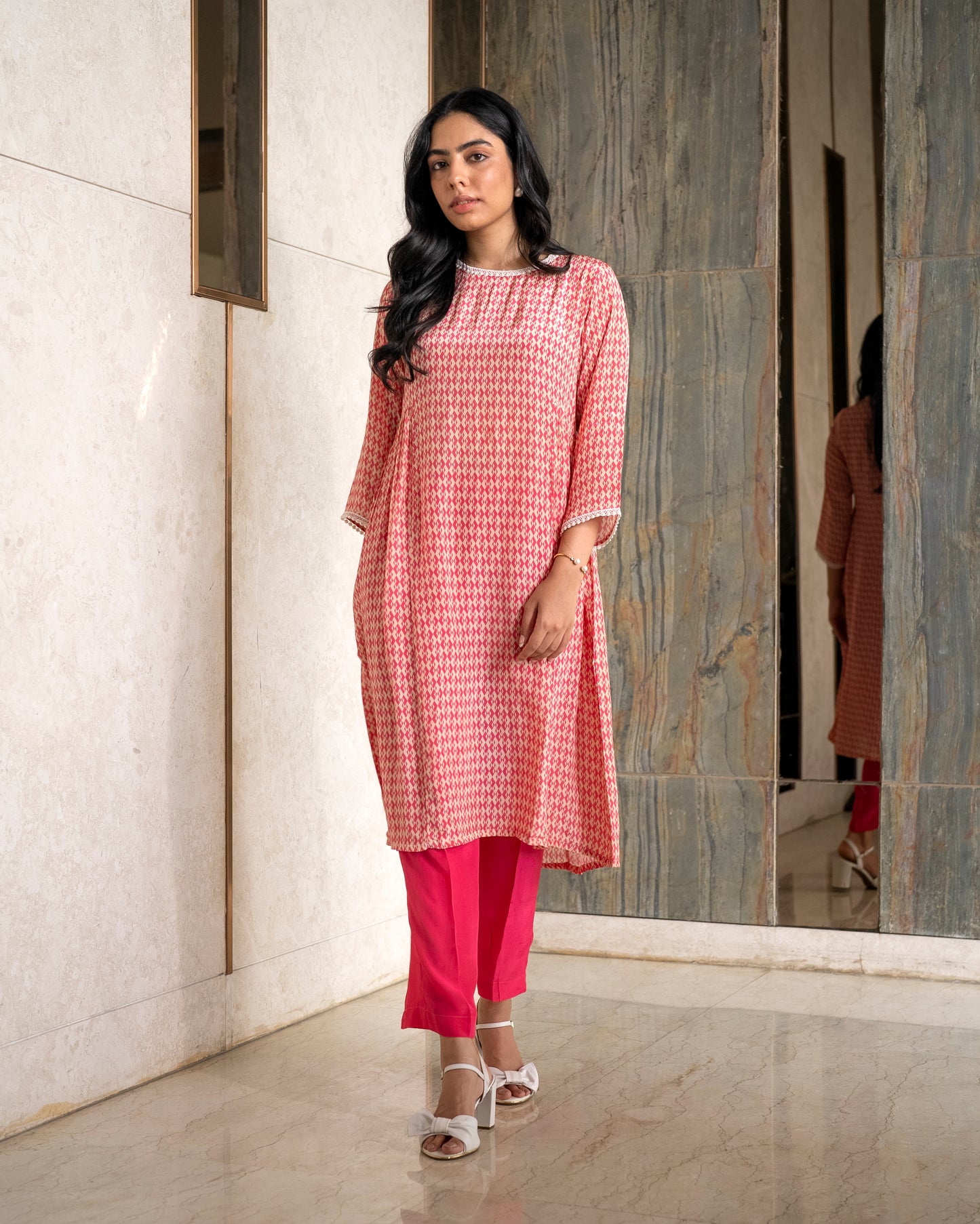 Printed Crepe Tunic Set - PINK