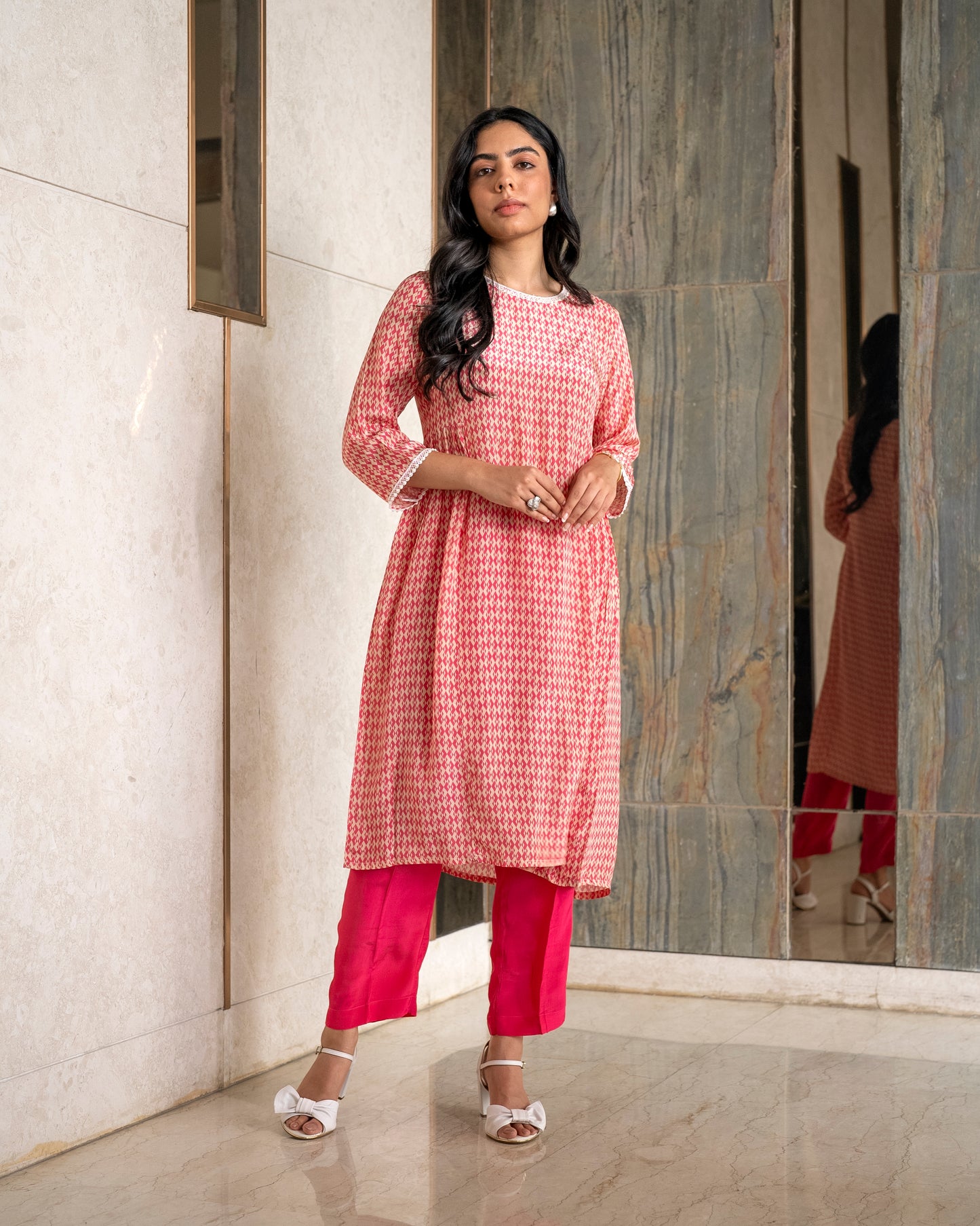 Printed Crepe Tunic Set - PINK