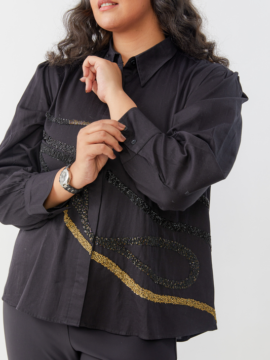 Emma Black Shirt With Antique Hand Embroidery