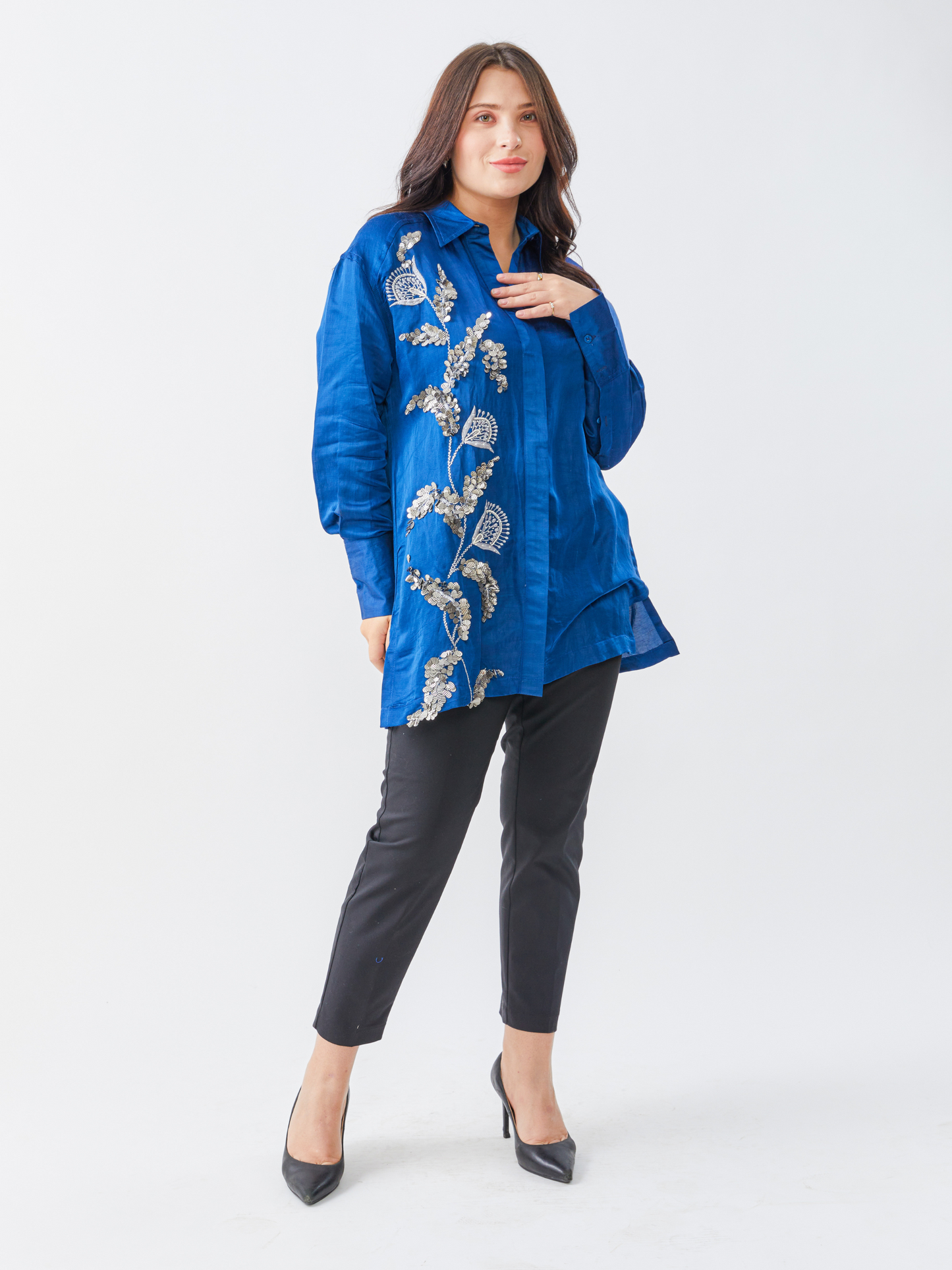 Fete Space Blue Shirt With Matalic Hand Embroidery