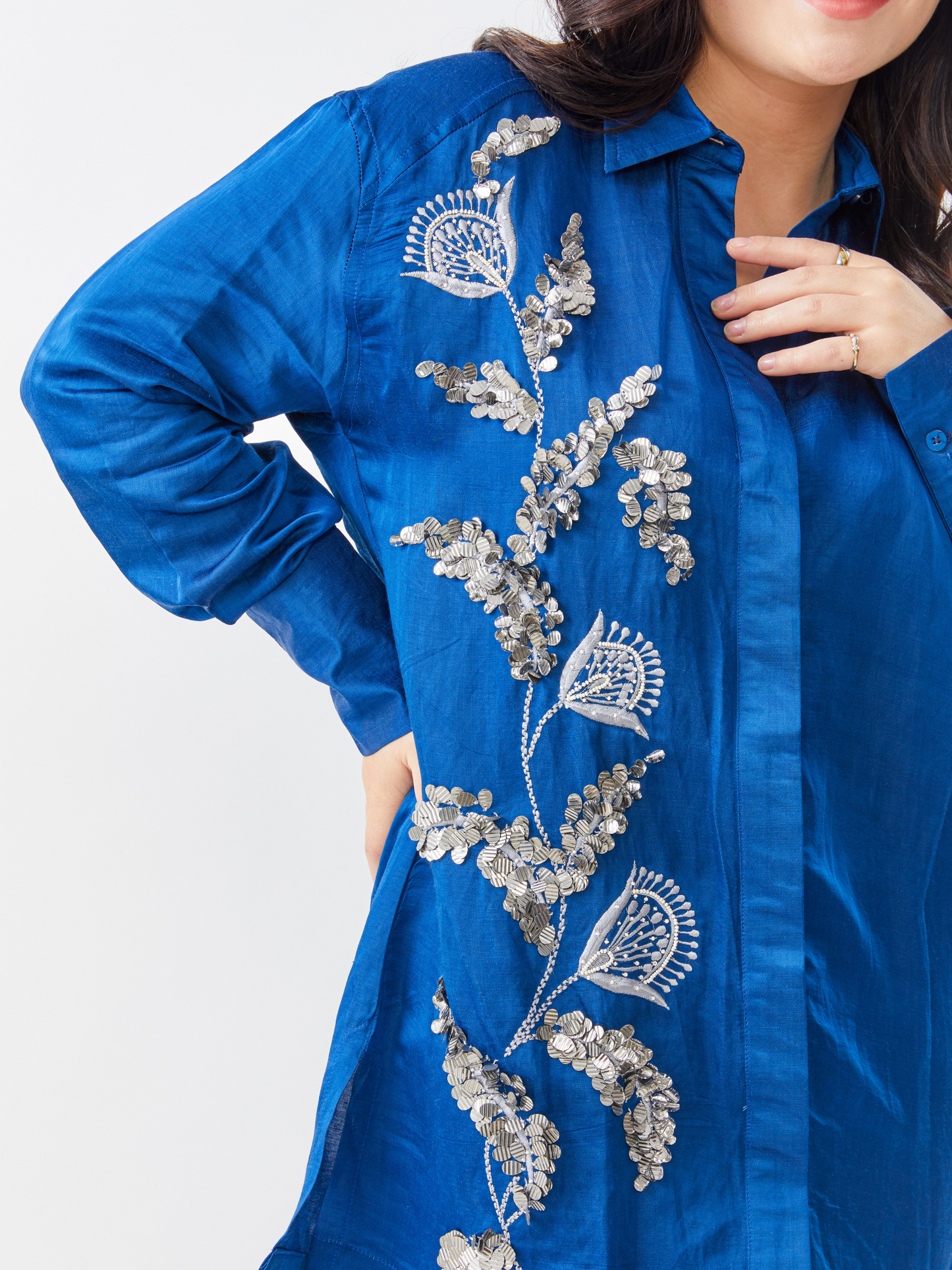 Fete Space Blue Shirt With Matalic Hand Embroidery