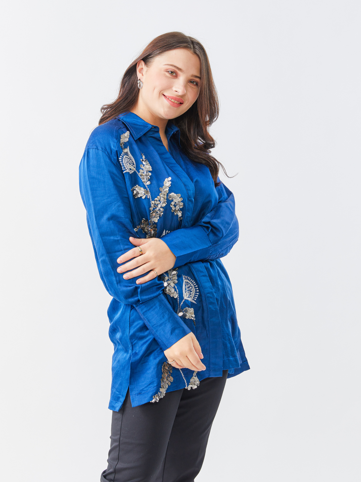 Fete Space Blue Shirt With Matalic Hand Embroidery
