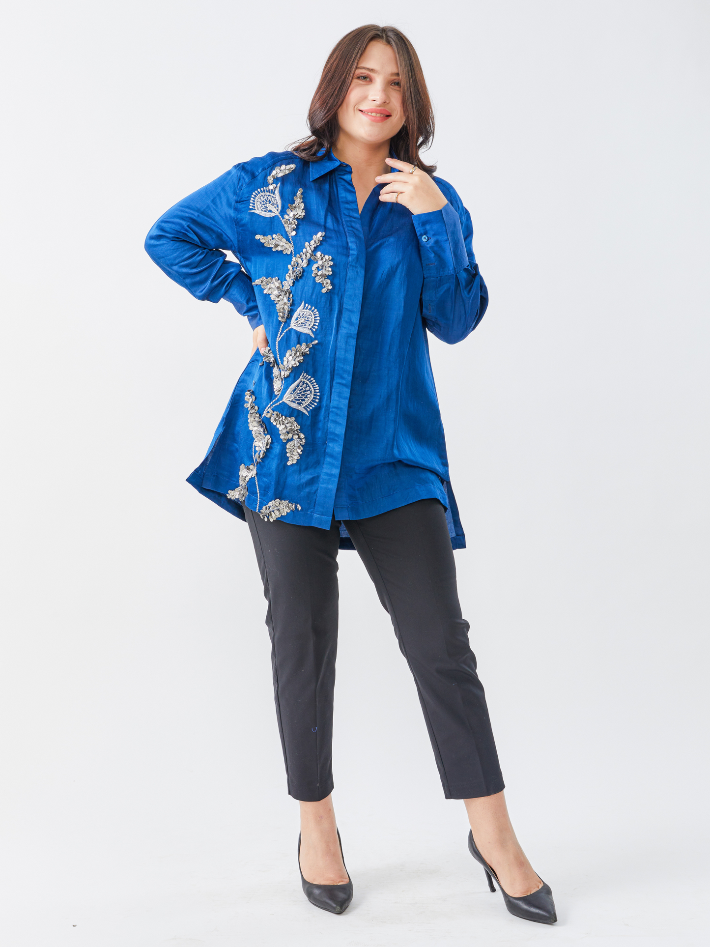 Fete Space Blue Shirt With Matalic Hand Embroidery