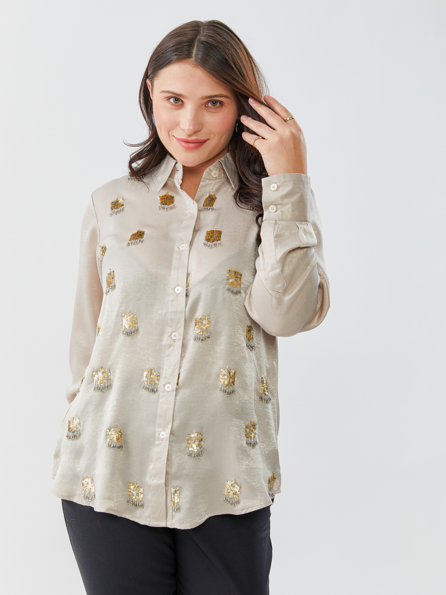 Emma Gold Grey Sand Wash Shirt With Hand Embroidery
