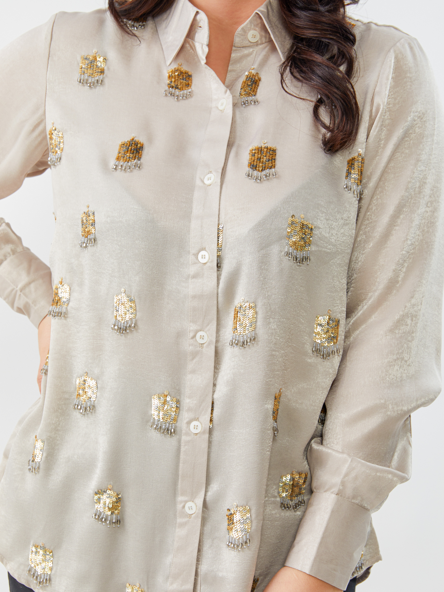 Emma Gold Grey Sand Wash Shirt With Hand Embroidery