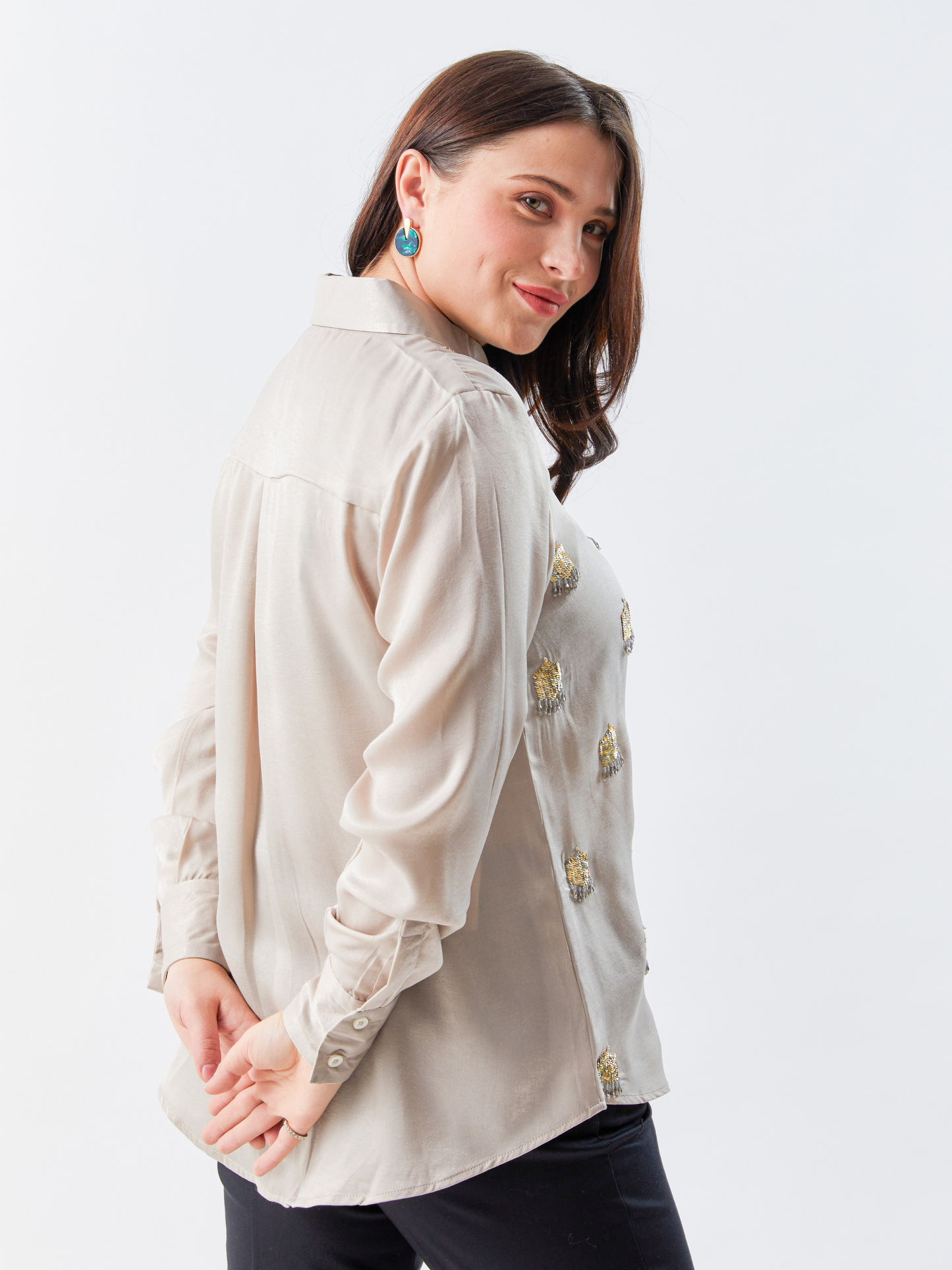Emma Gold Grey Sand Wash Shirt With Hand Embroidery