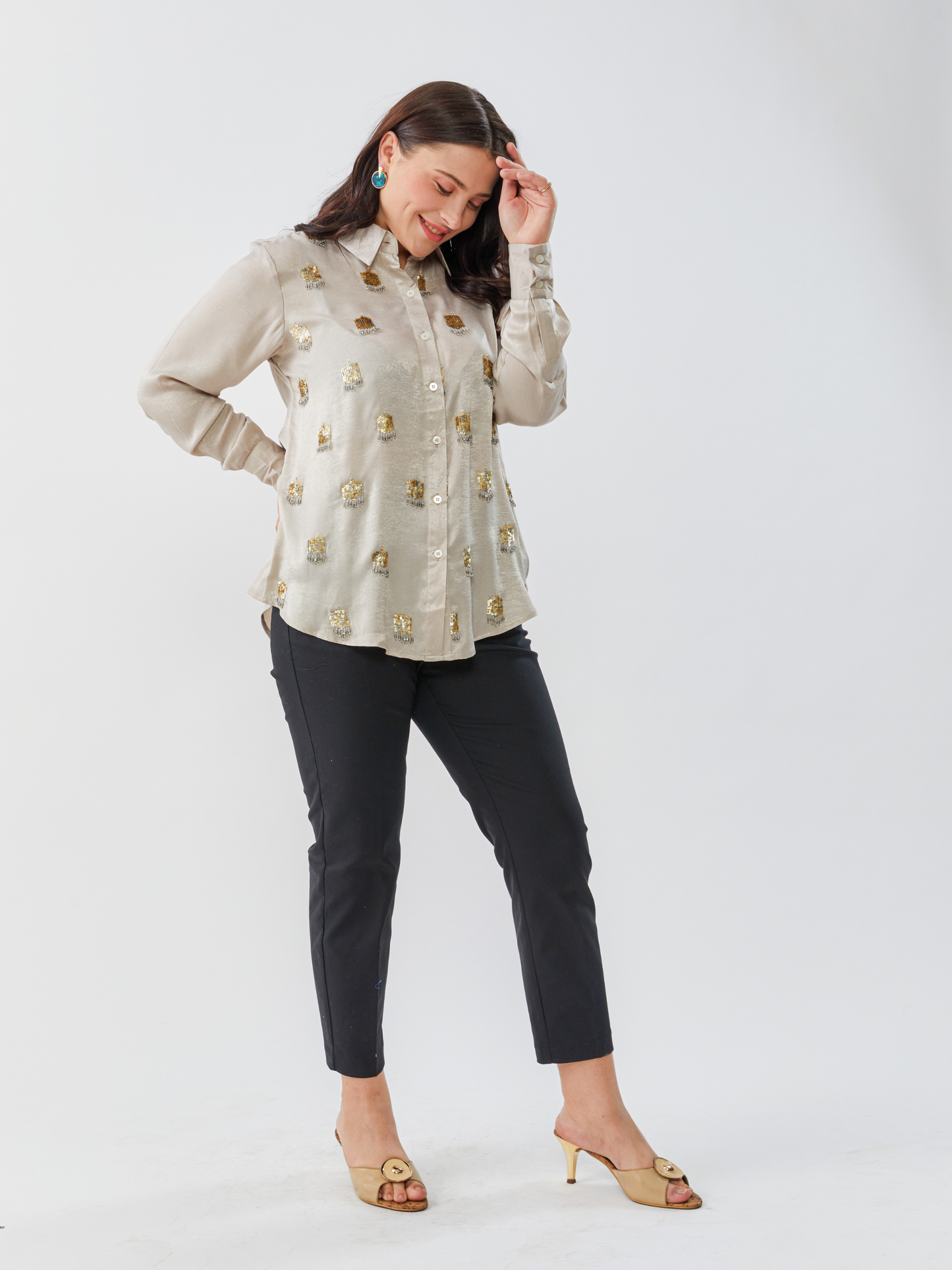 Emma Gold Grey Sand Wash Shirt With Hand Embroidery