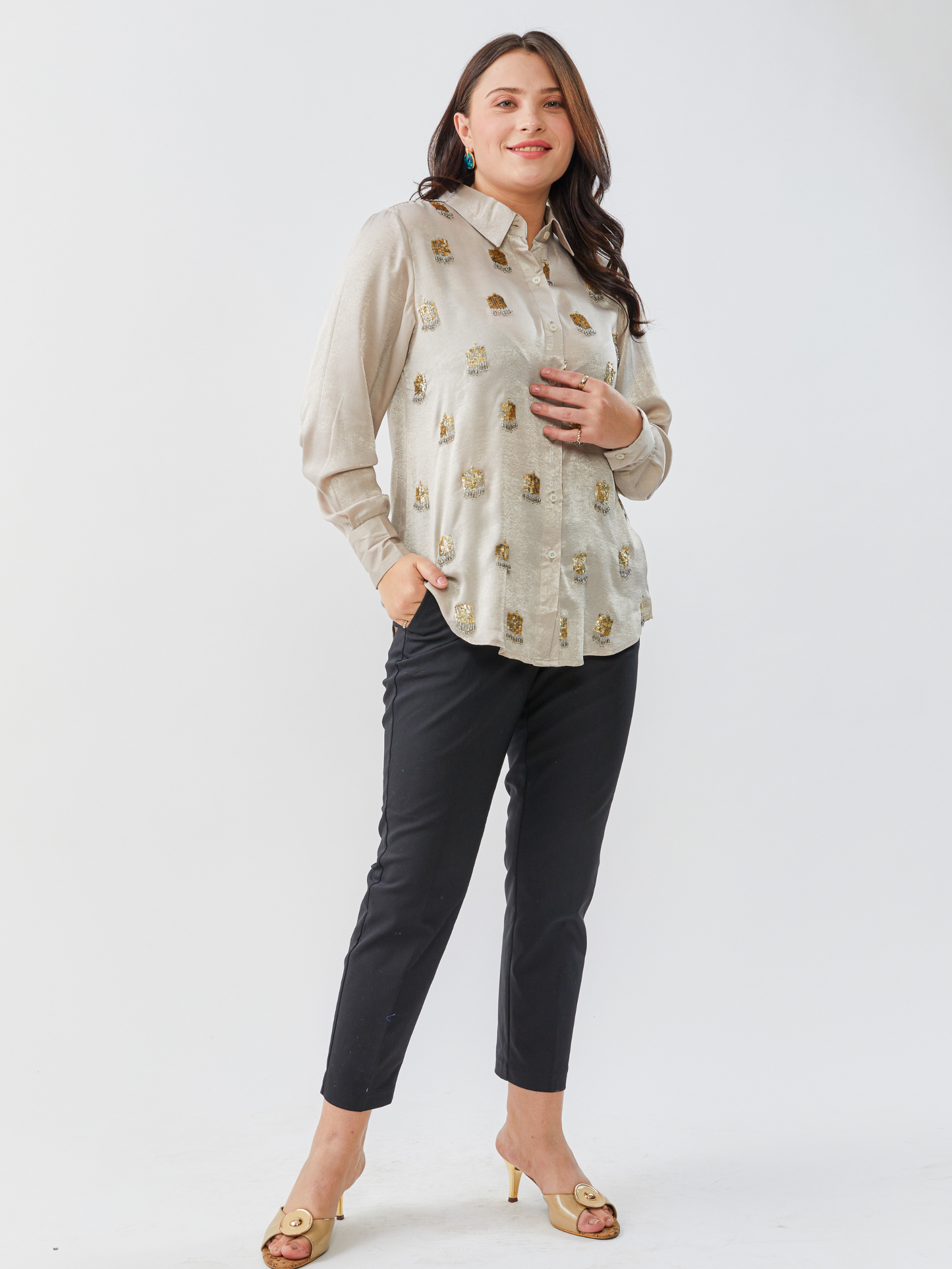 Emma Gold Grey Sand Wash Shirt With Hand Embroidery