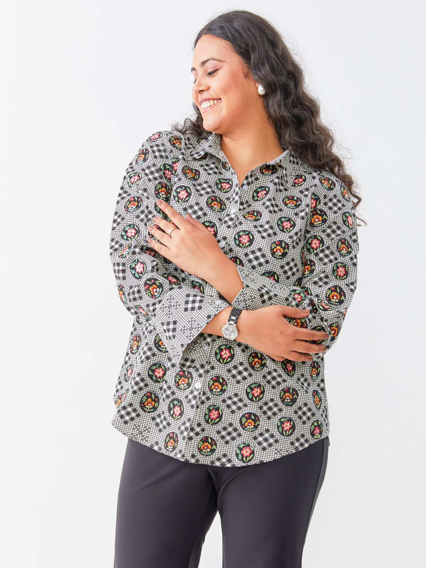 Exxy Black And White Check Shirt Embroidery