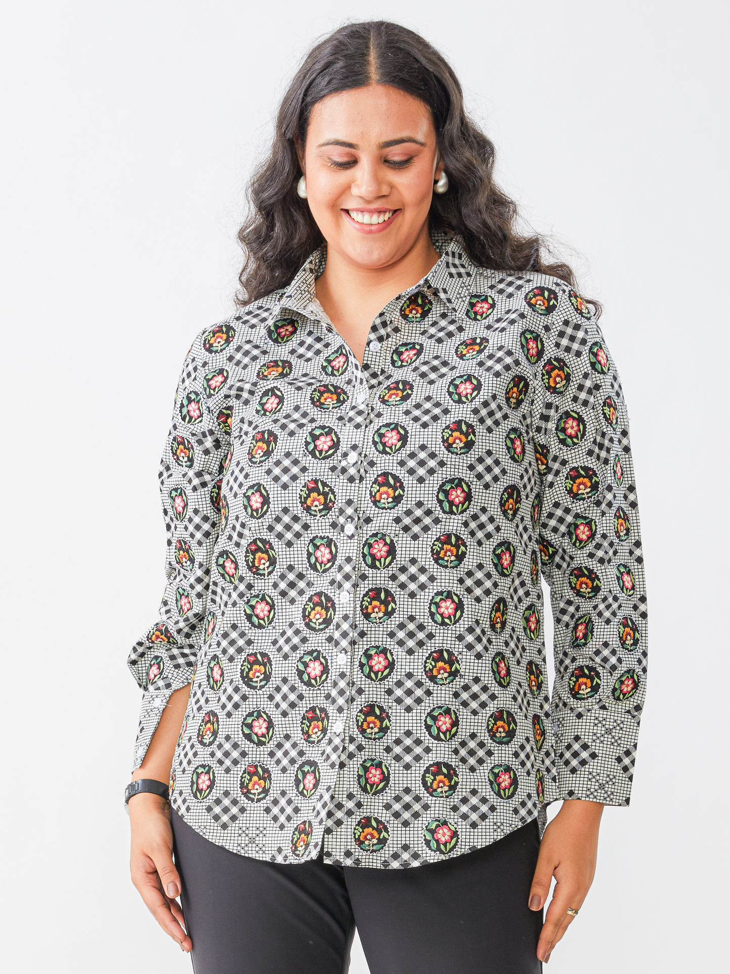 Exxy Black And White Check Shirt Embroidery