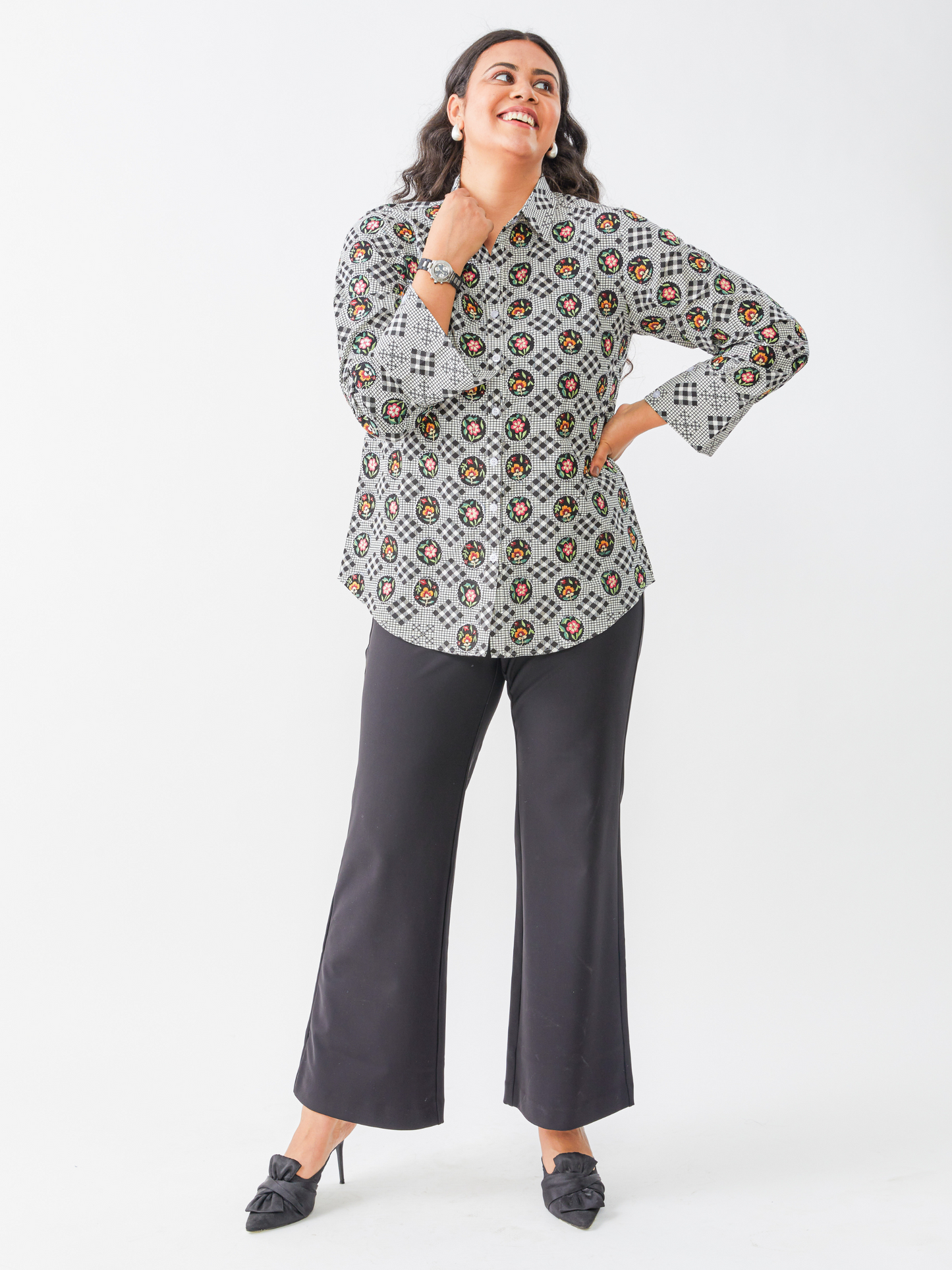 Exxy Black And White Check Shirt Embroidery