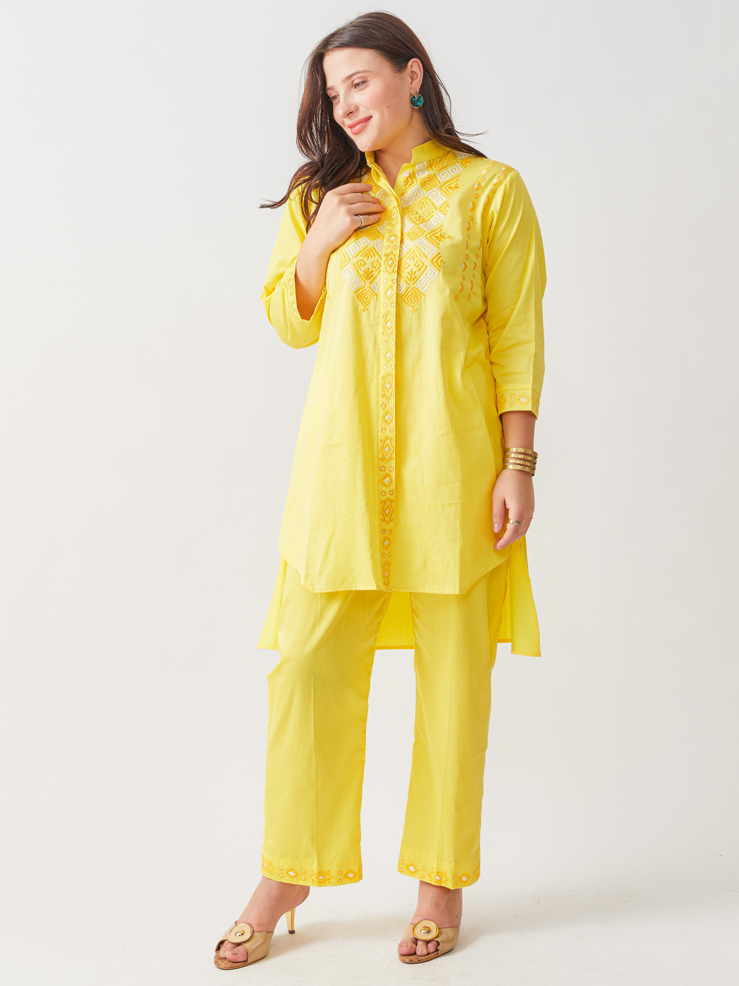 Fika Yellow Tunic Set With Beautiful Folk Embroidery