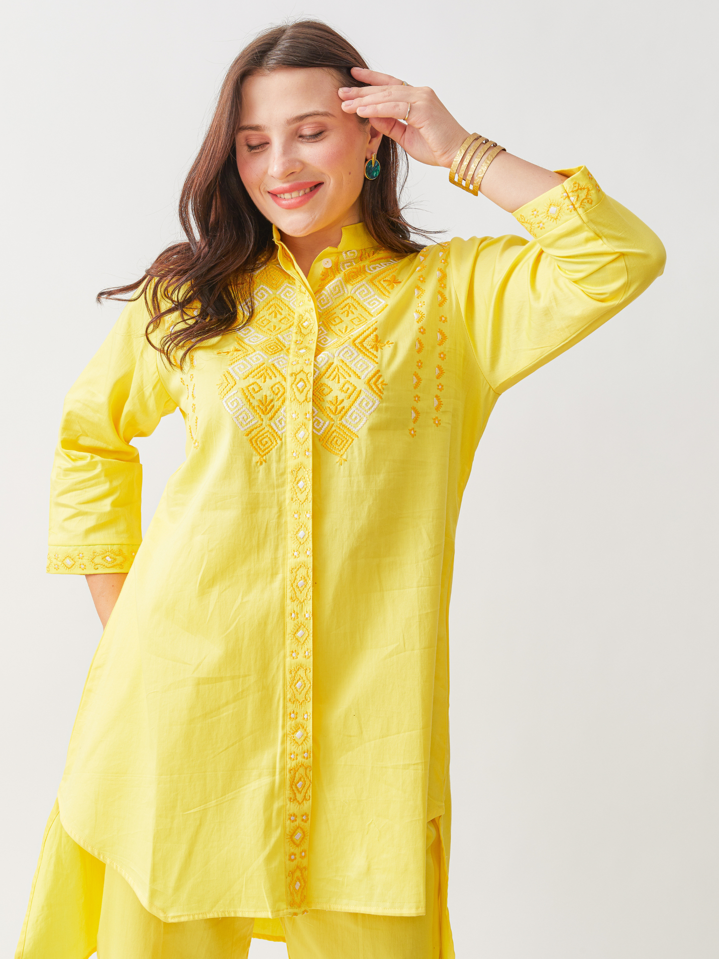 Fika Yellow Tunic Set With Beautiful Folk Embroidery