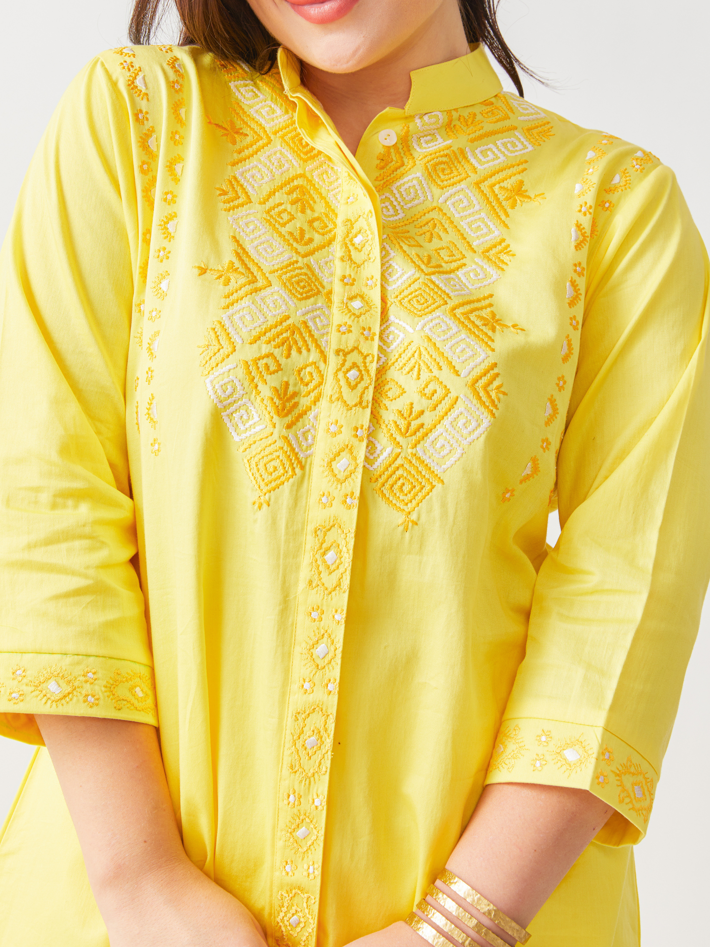 Fika Yellow Tunic Set With Beautiful Folk Embroidery