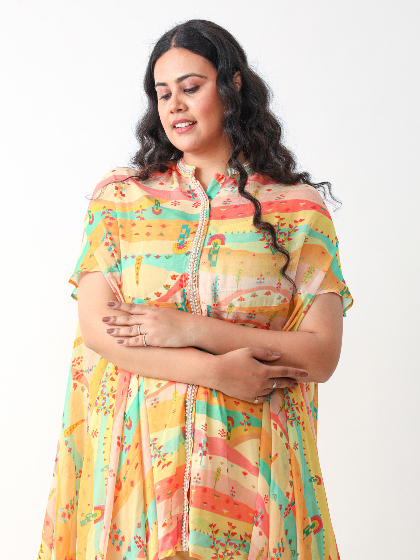 Koa Cape Style Tunic Set in Pastel Digital Georgette Print With Lace Detailings