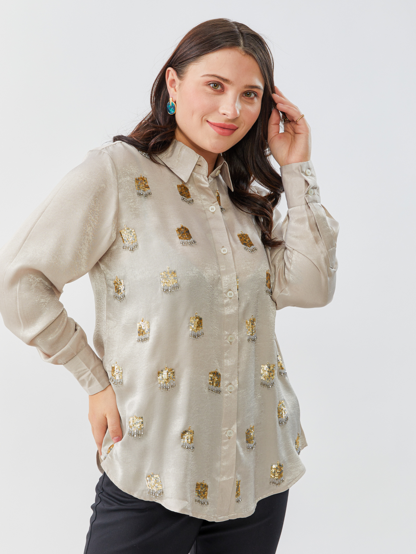 Emma Gold Grey Sand Wash Shirt With Hand Embroidery