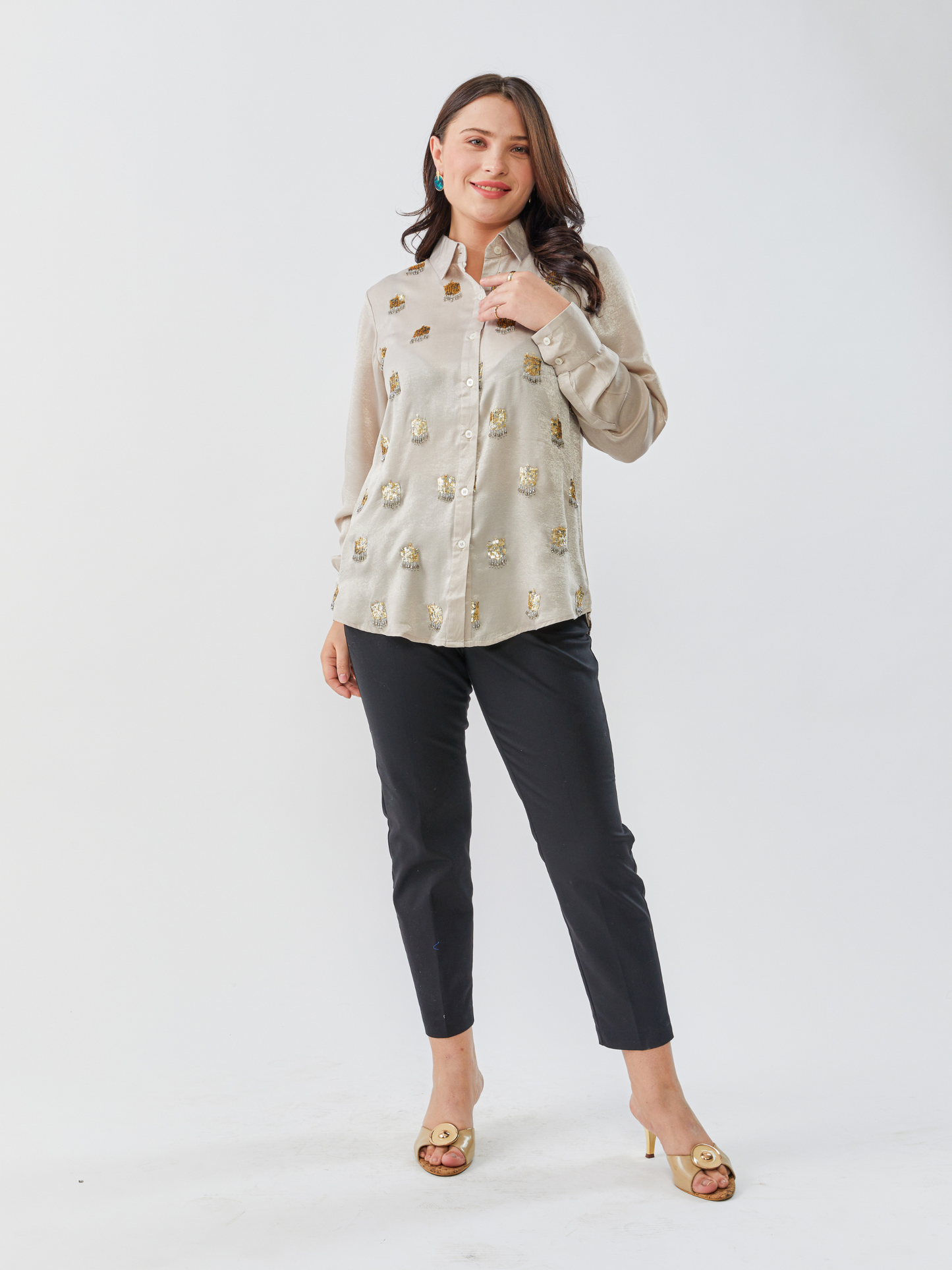 Emma Gold Grey Sand Wash Shirt With Hand Embroidery