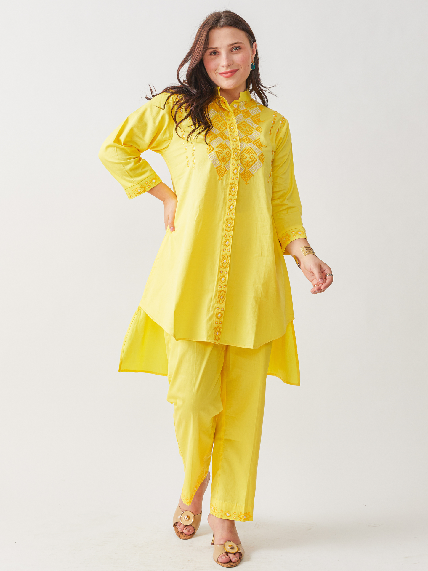 Fika Yellow Tunic Set With Beautiful Folk Embroidery