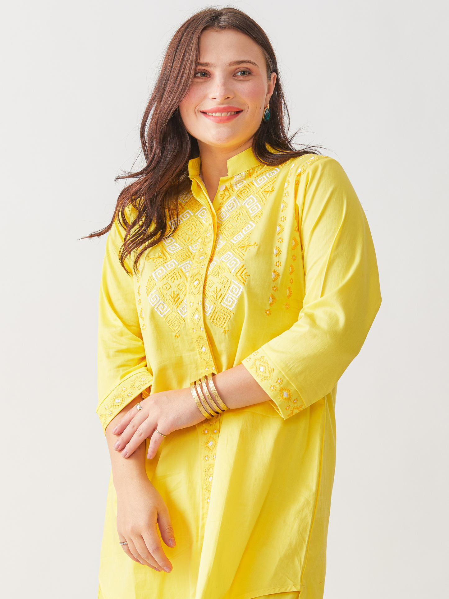 Fika Yellow Tunic Set With Beautiful Folk Embroidery