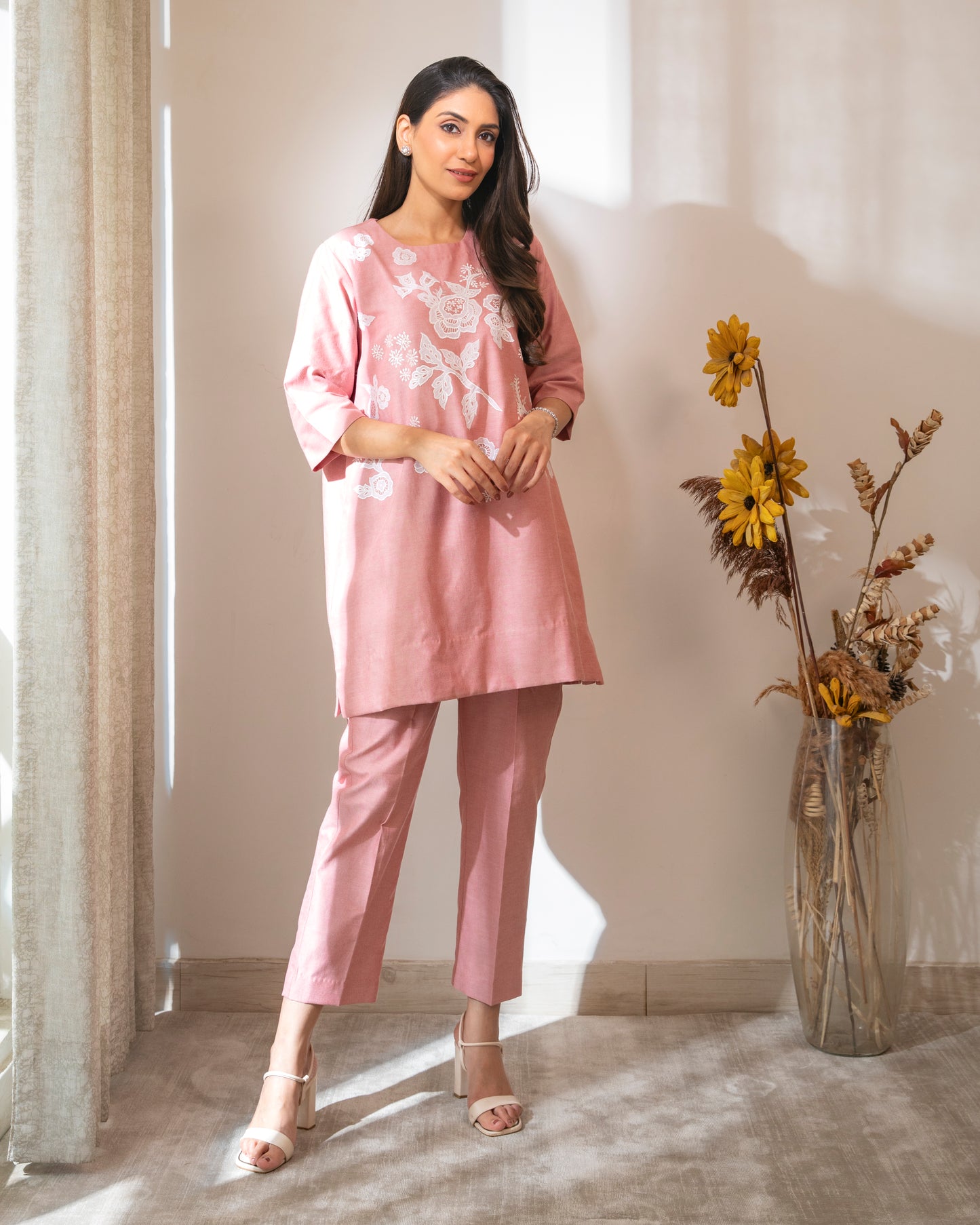 Floral Appliqued Red Cotton Chambrey Tunic Set