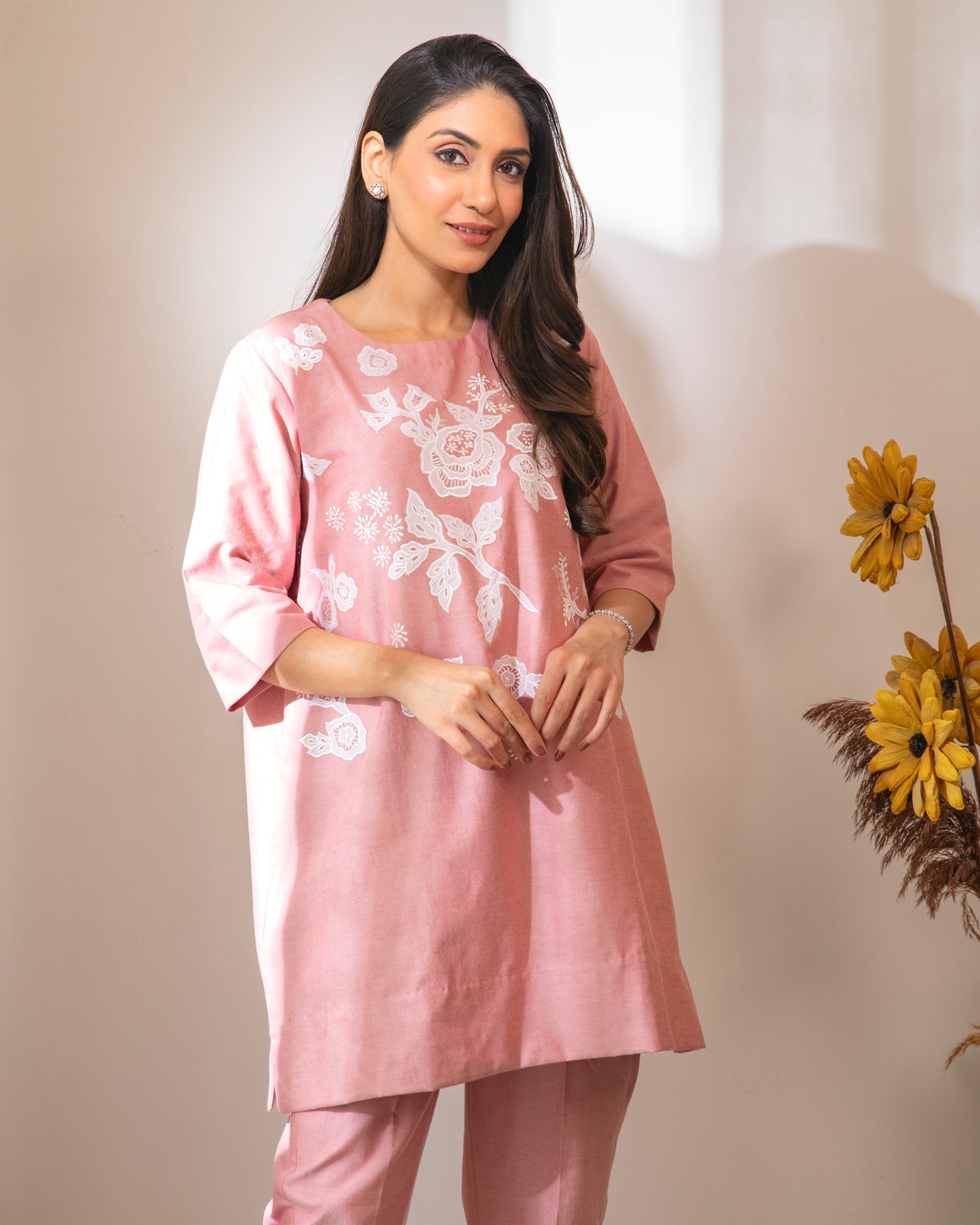 Floral Appliqued Red Cotton Chambrey Tunic Set