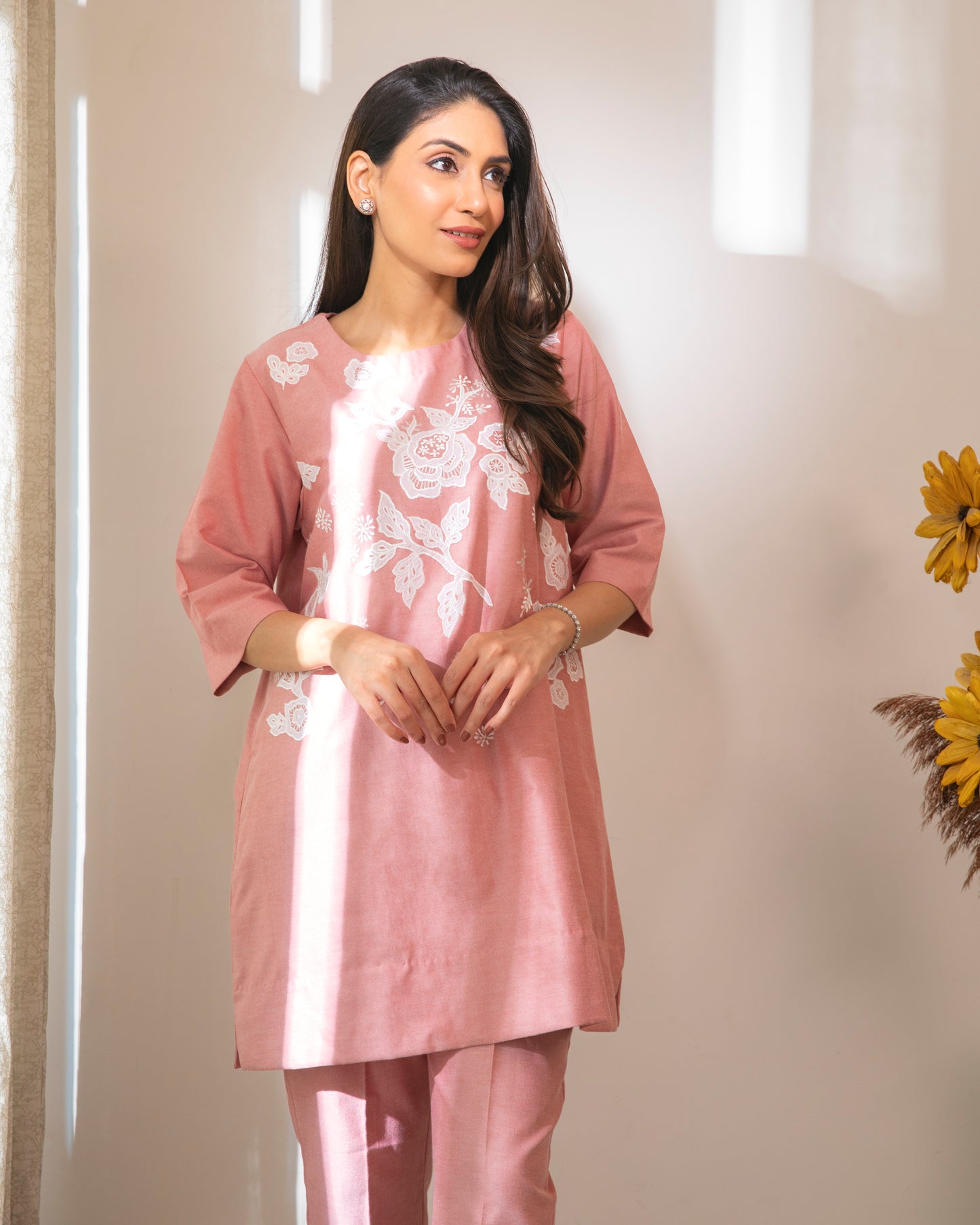 Floral Appliqued Red Cotton Chambrey Tunic Set