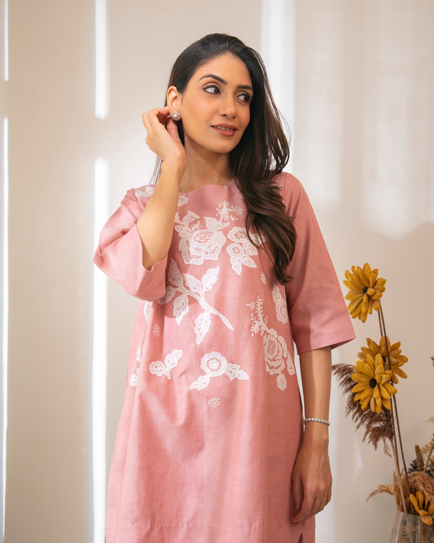 Floral Appliqued Red Cotton Chambrey Tunic Set
