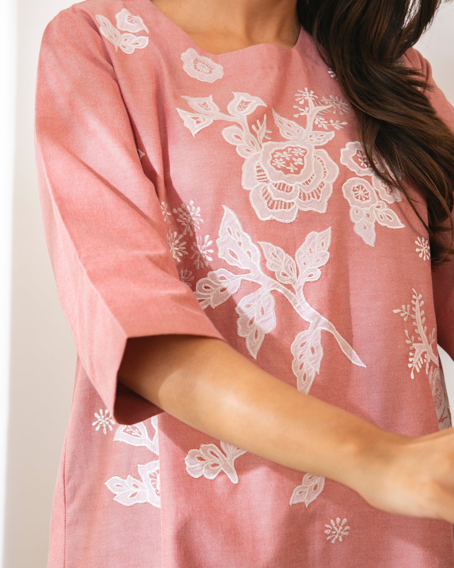 Floral Appliqued Red Cotton Chambrey Tunic Set