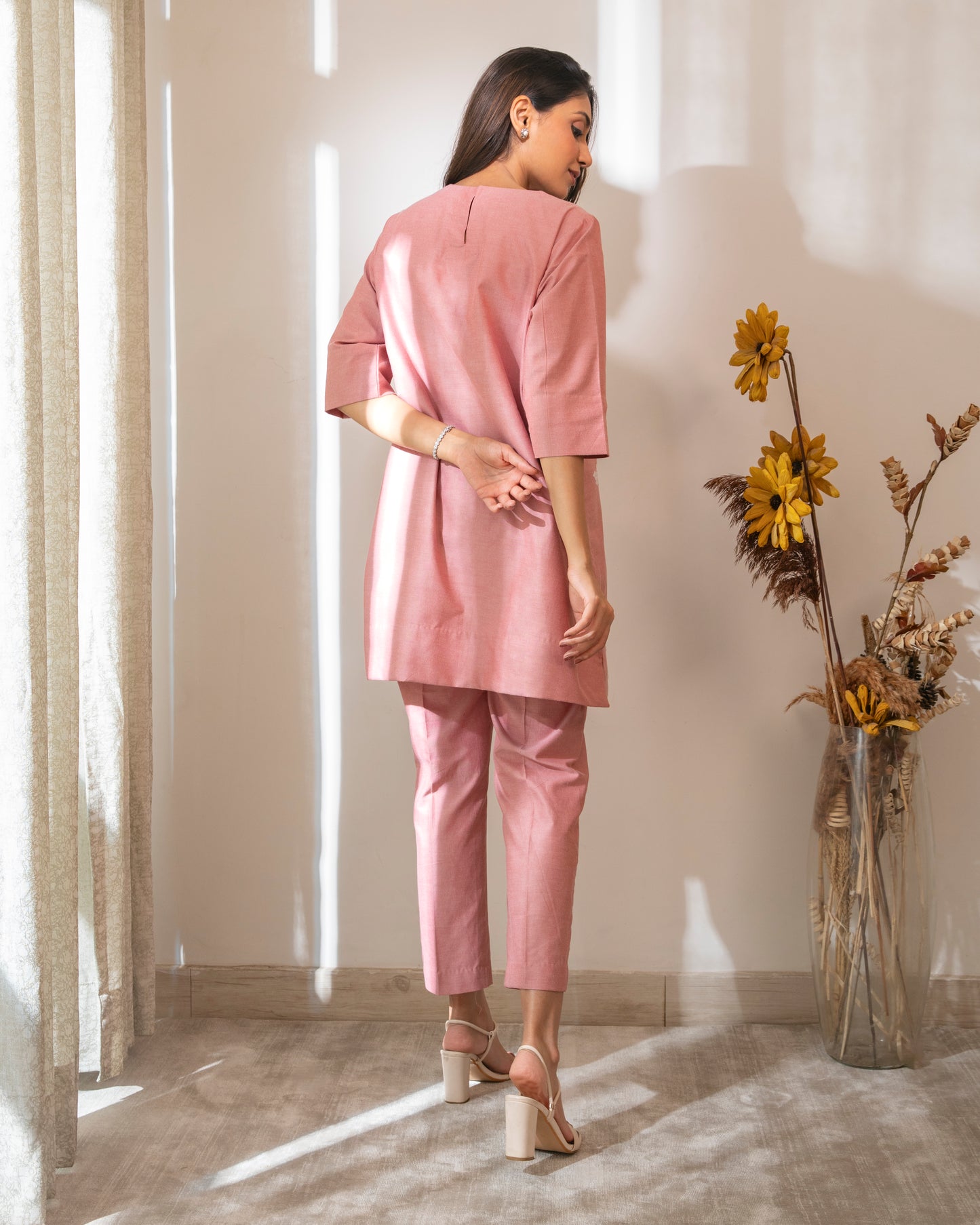 Floral Appliqued Red Cotton Chambrey Tunic Set