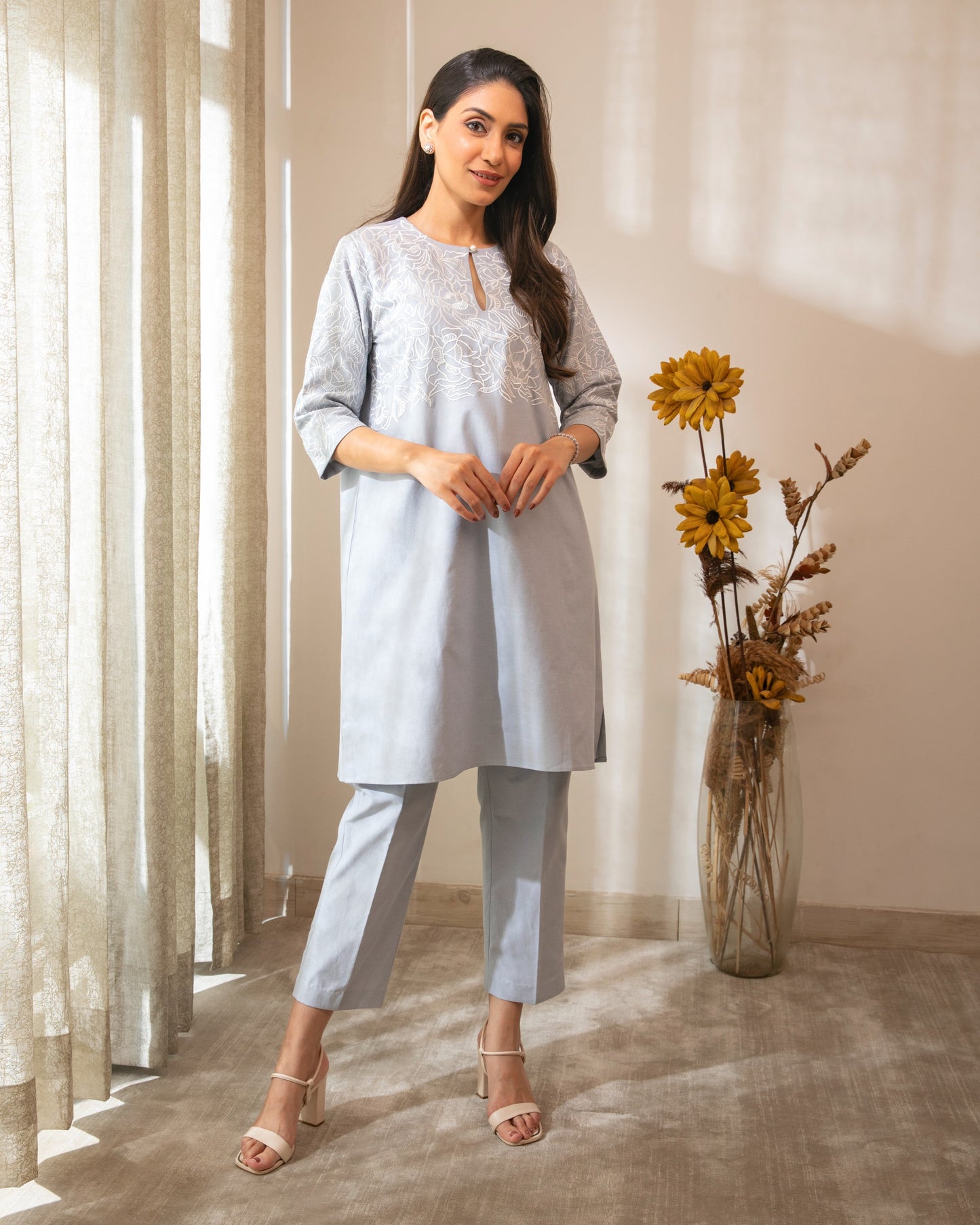 Tonal Embroidered Cotton Chambrey Tunic Set