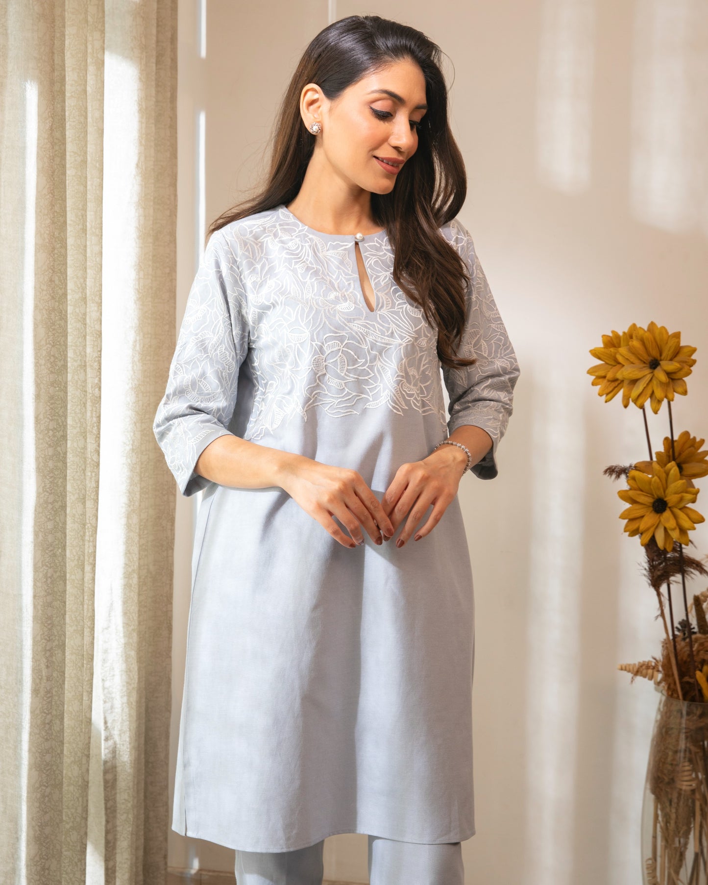 Tonal Embroidered Cotton Chambrey Tunic Set