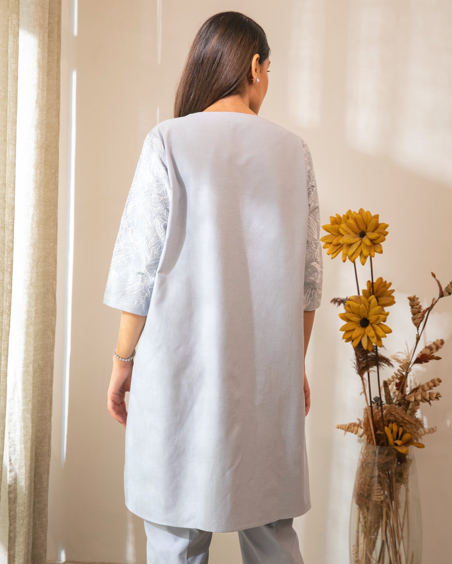 Tonal Embroidered Cotton Chambrey Tunic Set