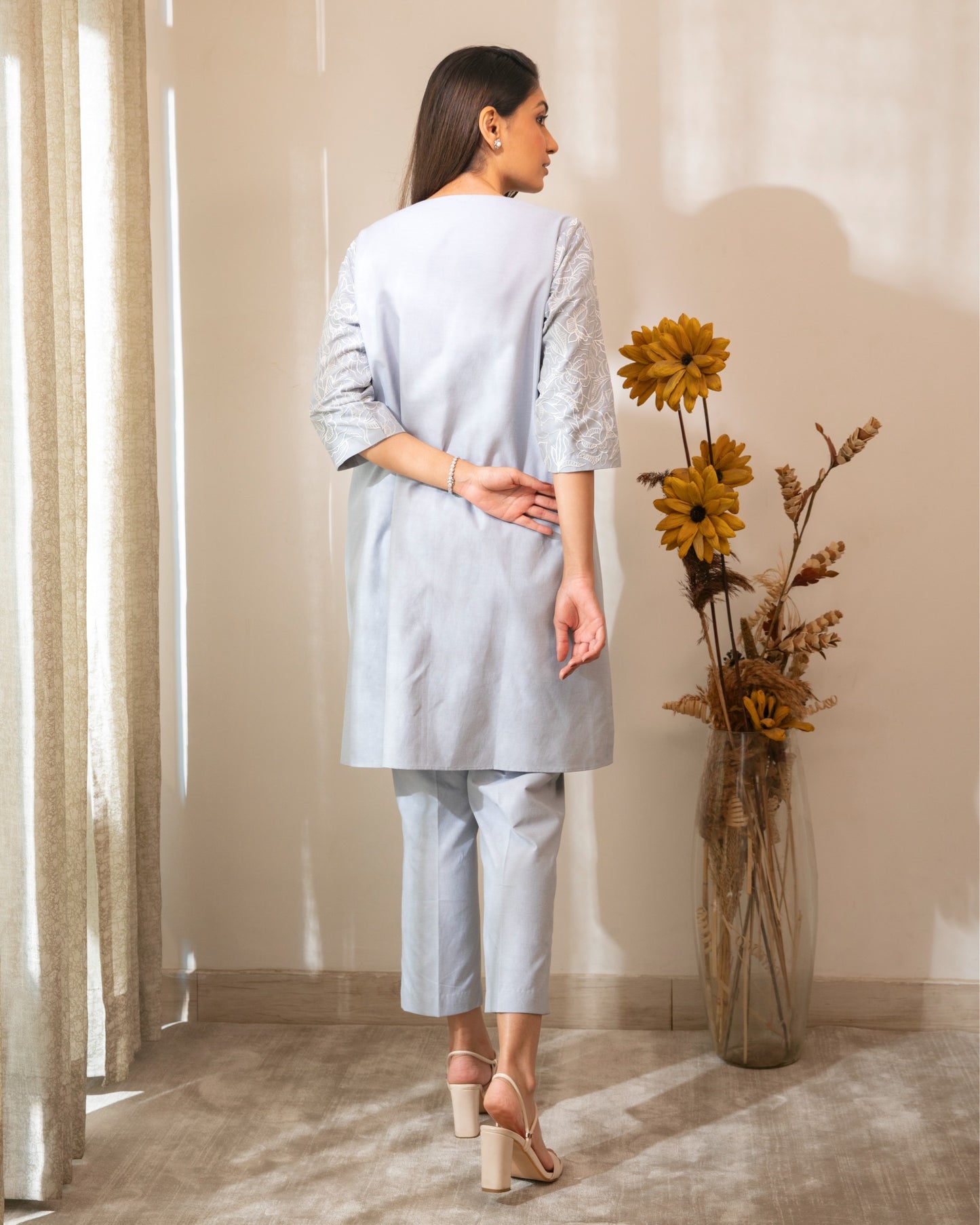 Tonal Embroidered Cotton Chambrey Tunic Set