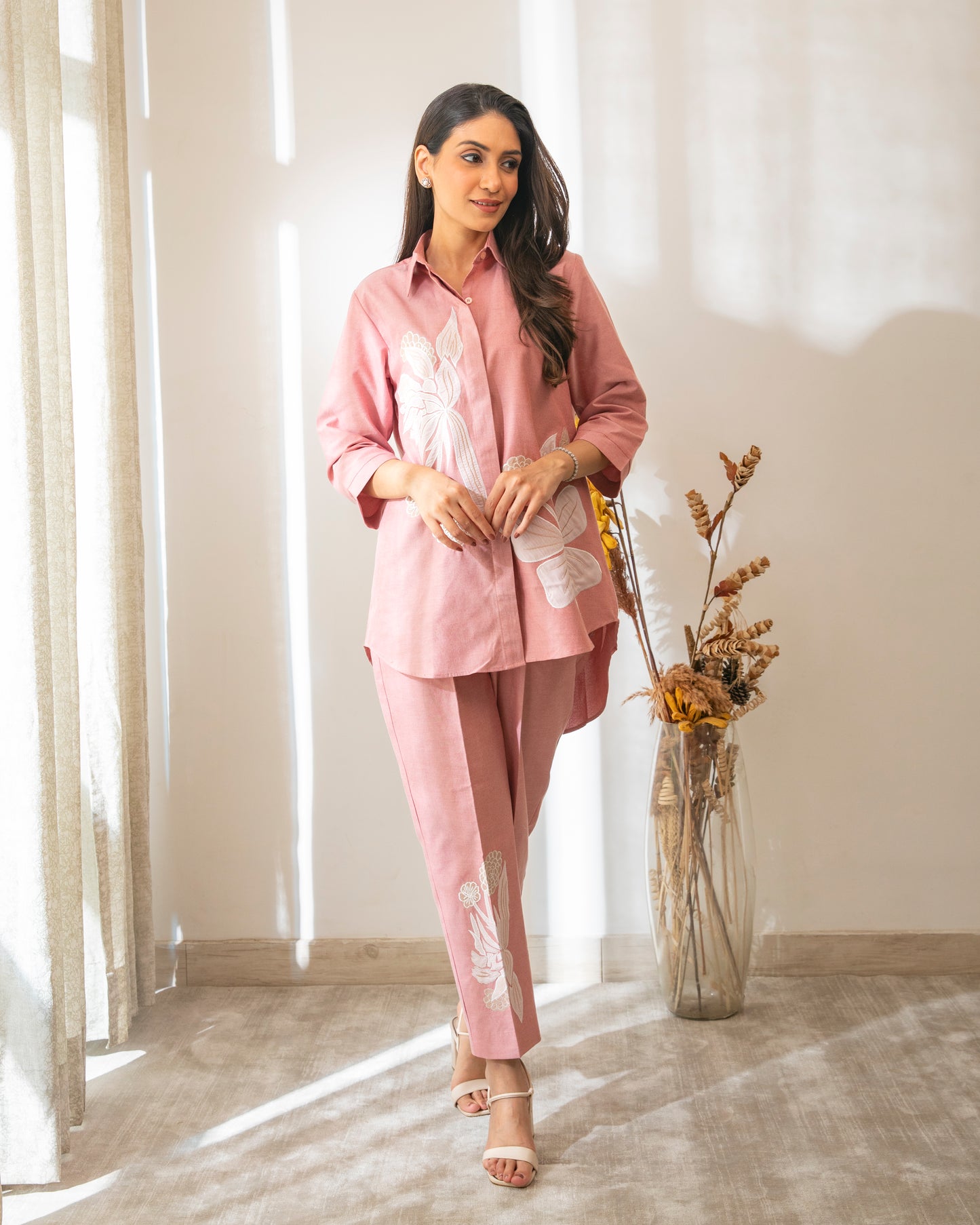 Floral Appliqued Red Cotton Chambrey Tunic Set