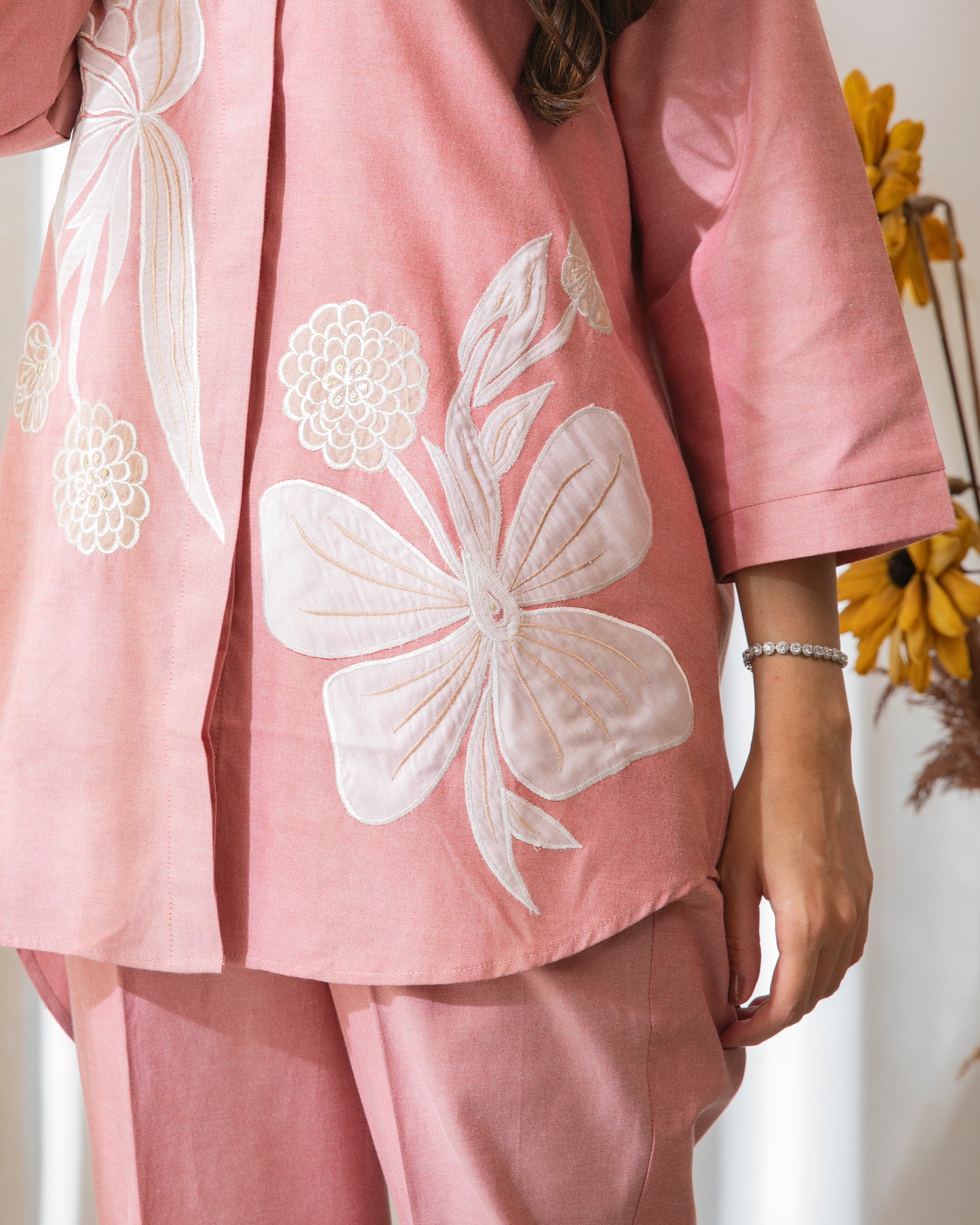 Floral Appliqued Red Cotton Chambrey Tunic Set