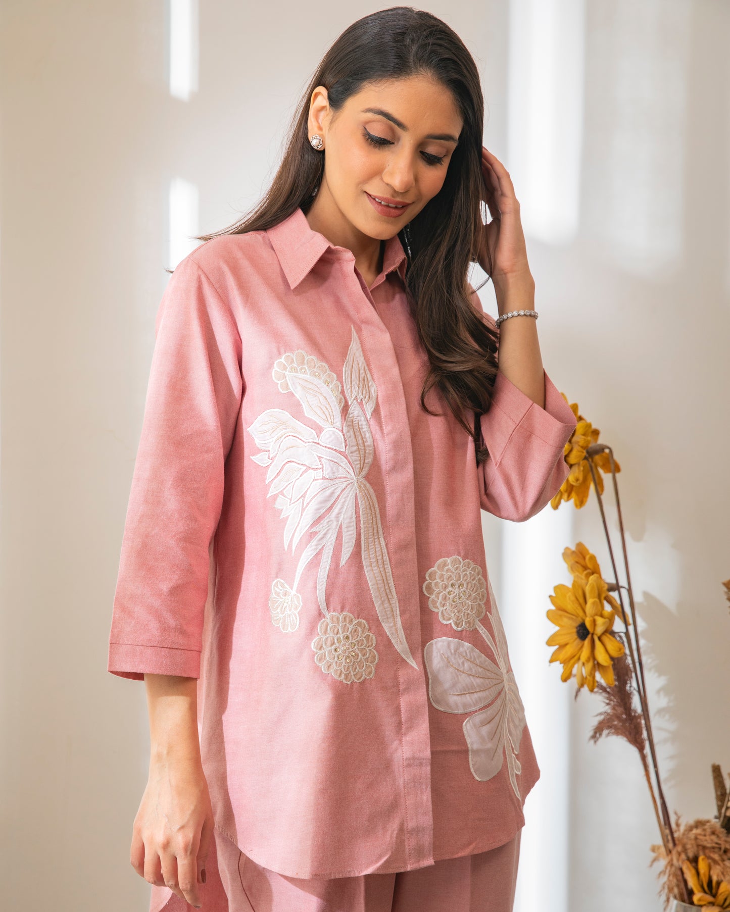 Floral Appliqued Red Cotton Chambrey Tunic Set