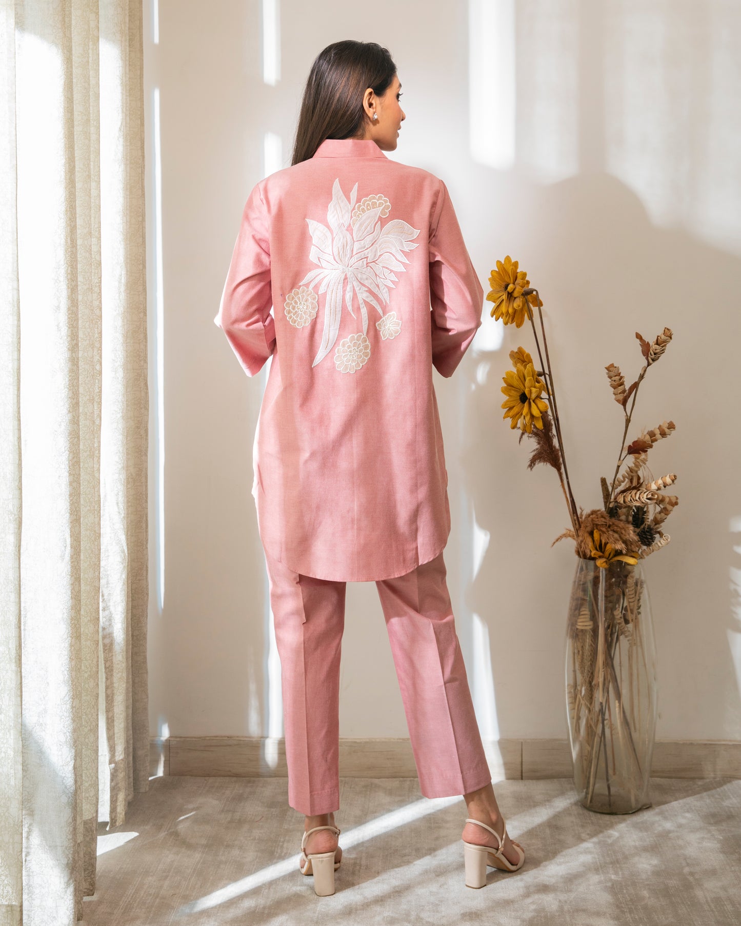 Floral Appliqued Red Cotton Chambrey Tunic Set
