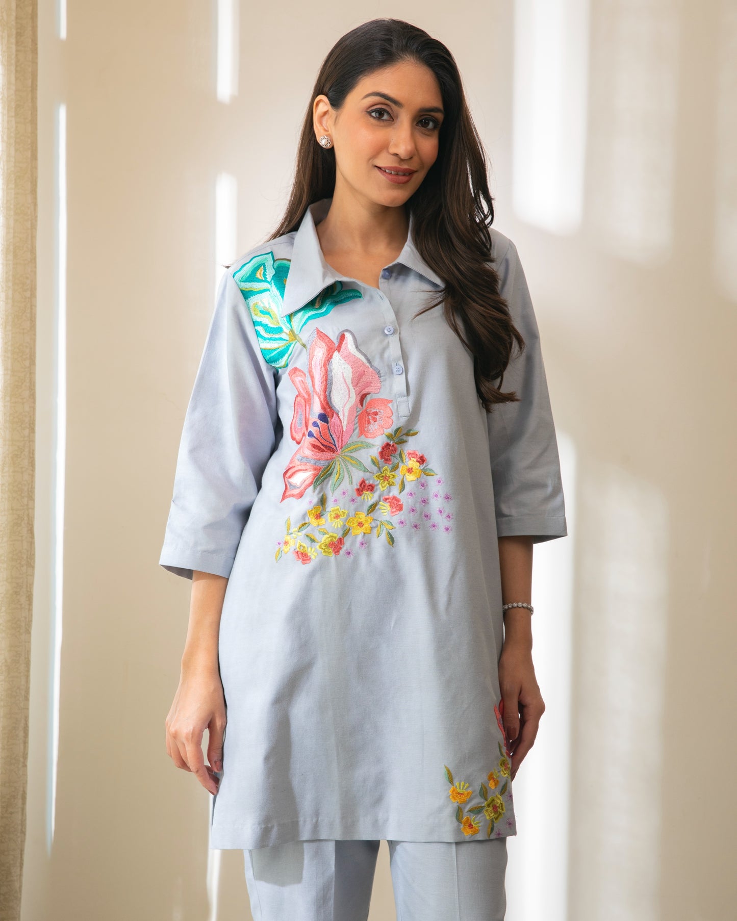 Floral Embroidered Cotton Chambrey Tunic Set