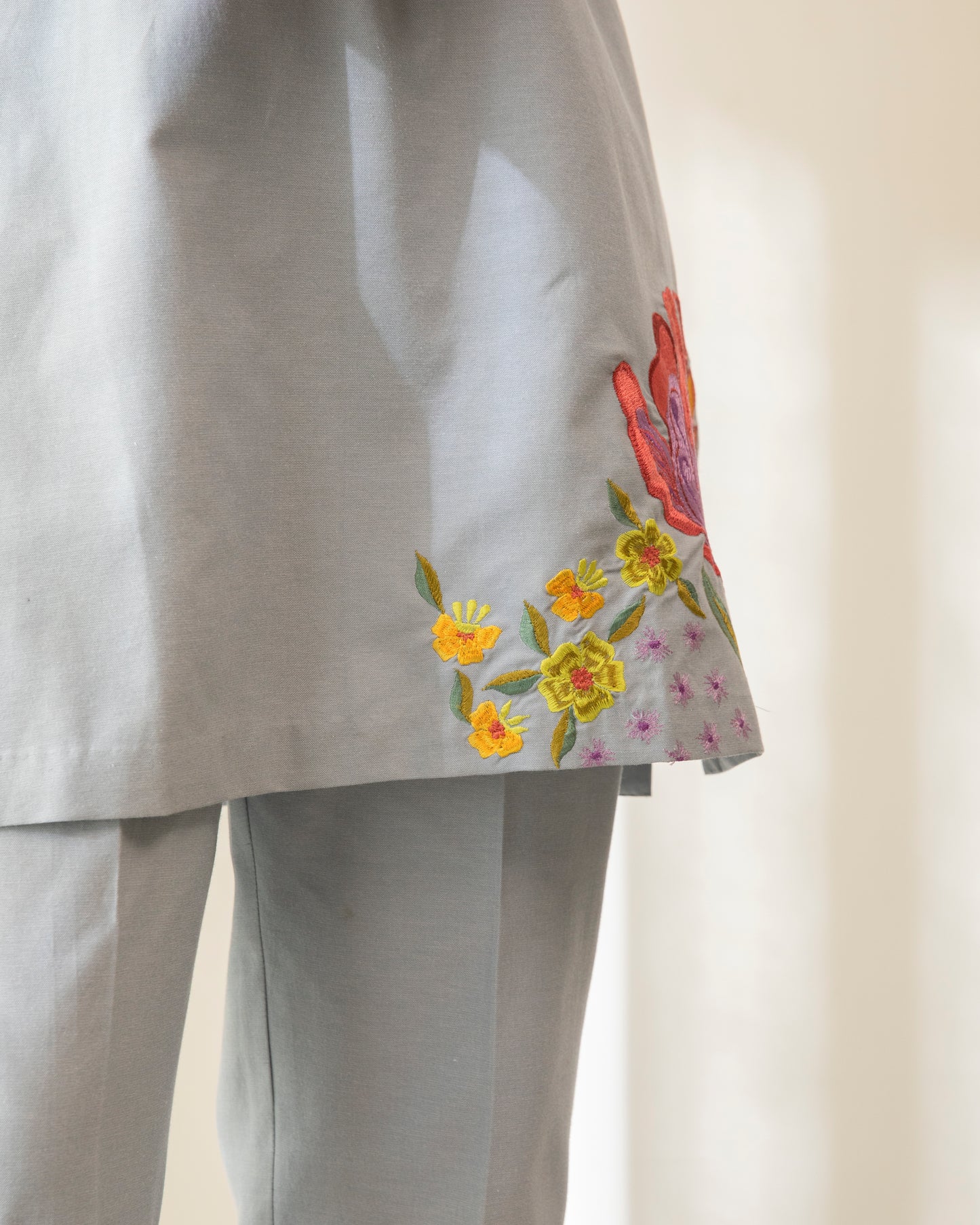 Floral Embroidered Cotton Chambrey Tunic Set
