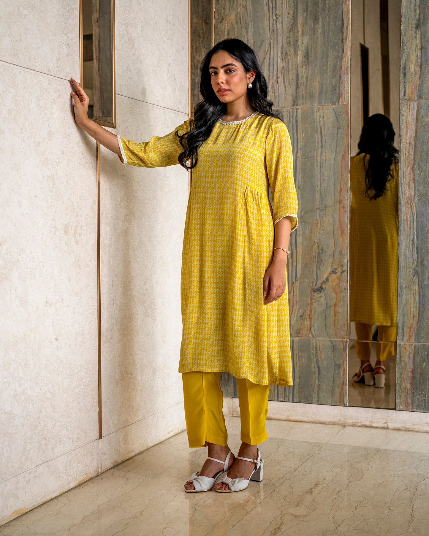 Printed Crepe Tunic Set - YELLOW