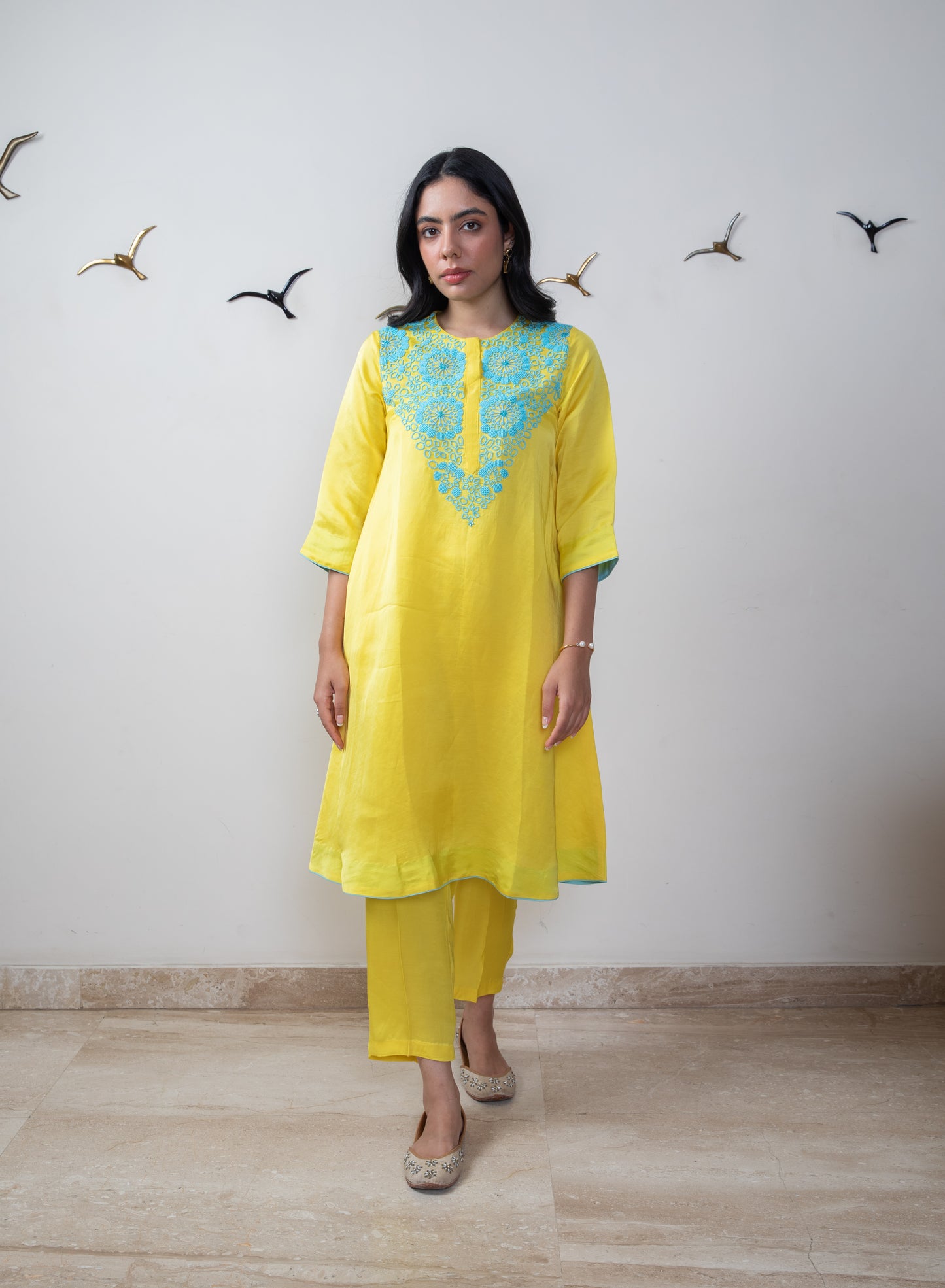 Mango yellow linen satin tunic set