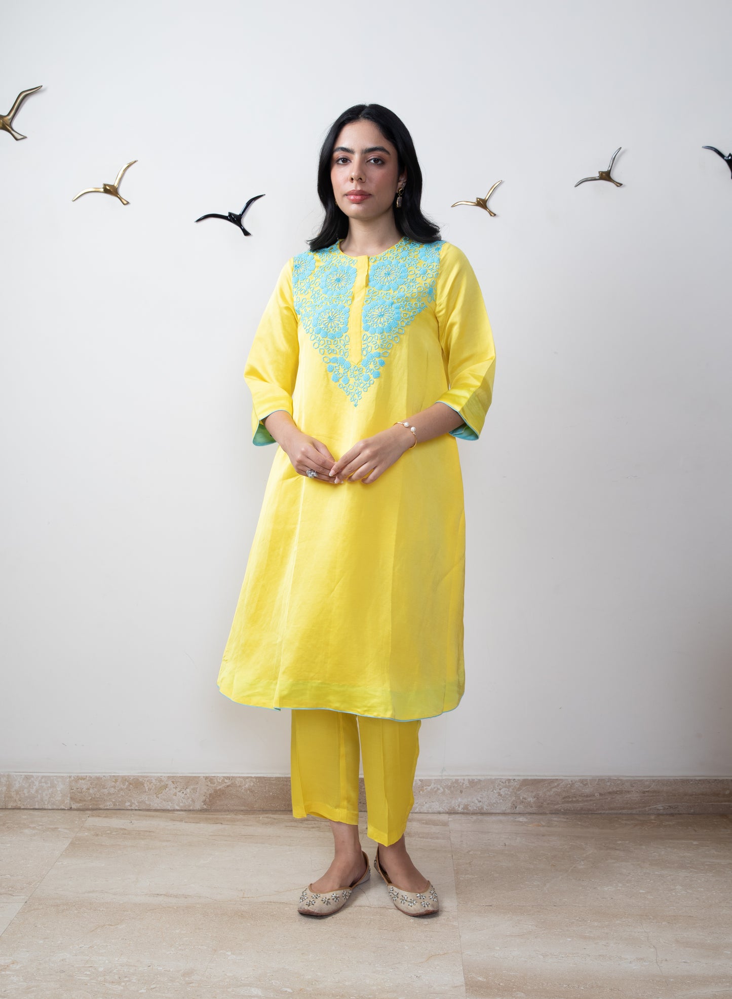 Mango yellow linen satin tunic set