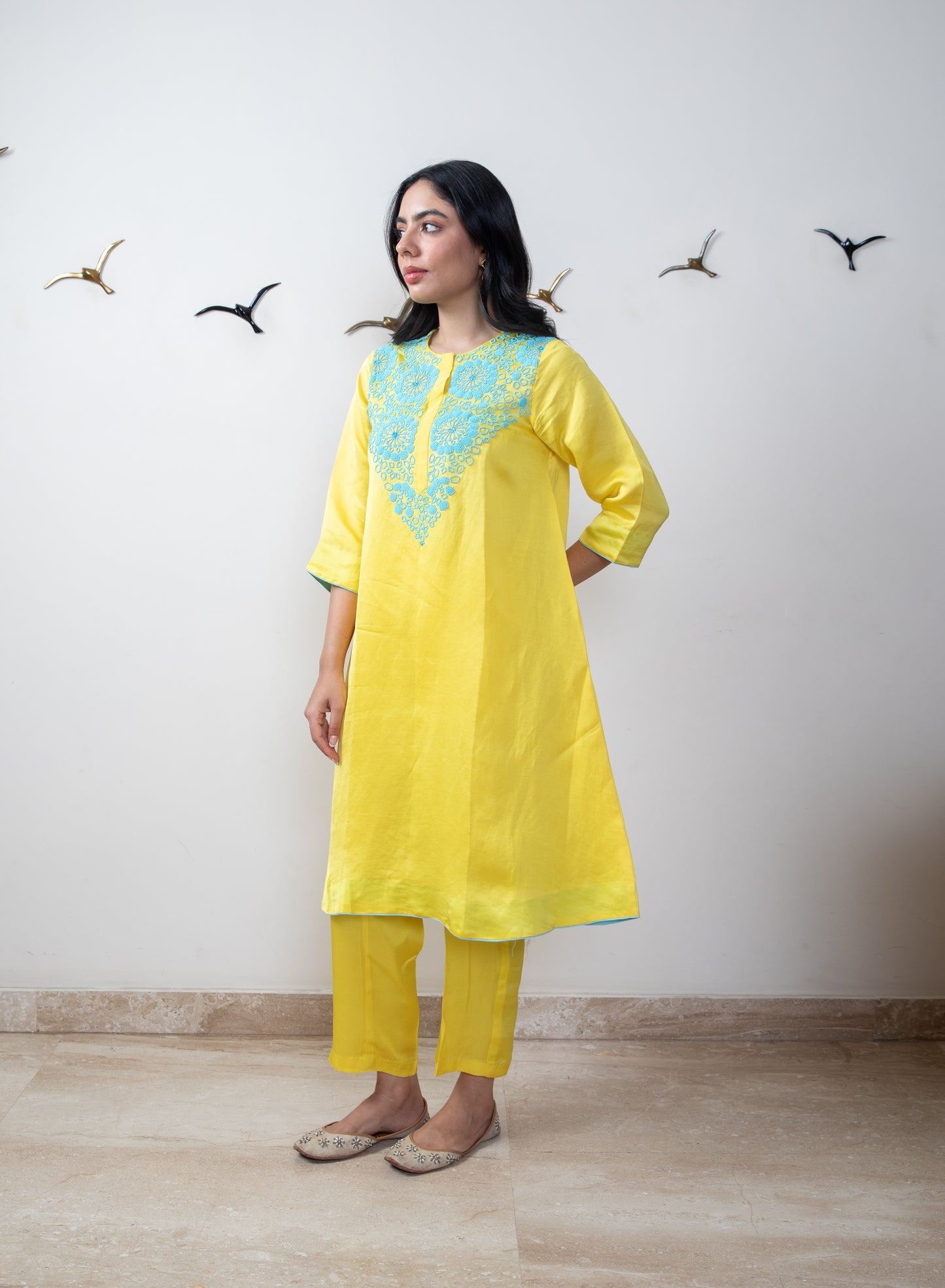 Mango yellow linen satin tunic set