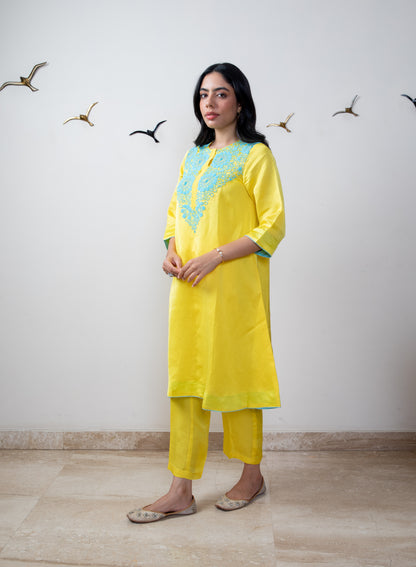 Mango yellow linen satin tunic set