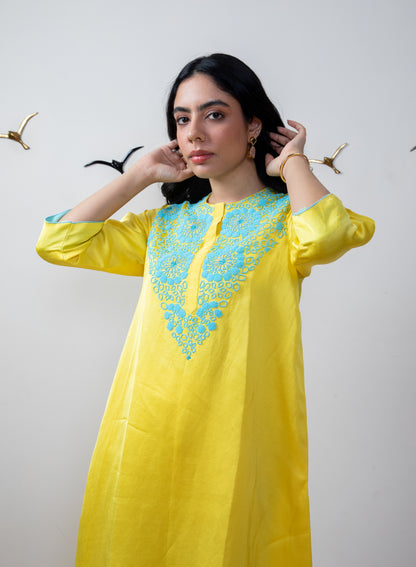 Mango yellow linen satin tunic set