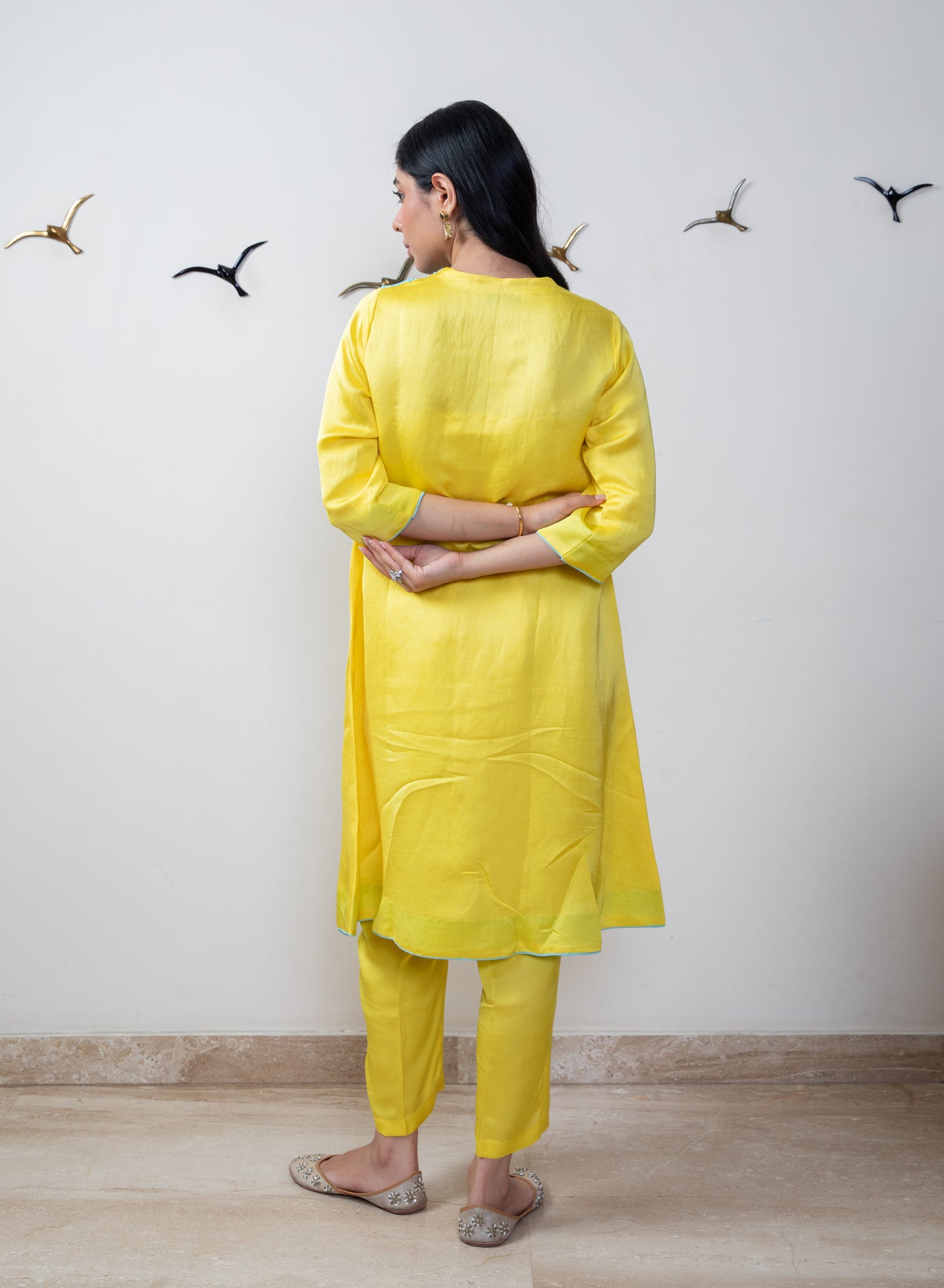 Mango yellow linen satin tunic set