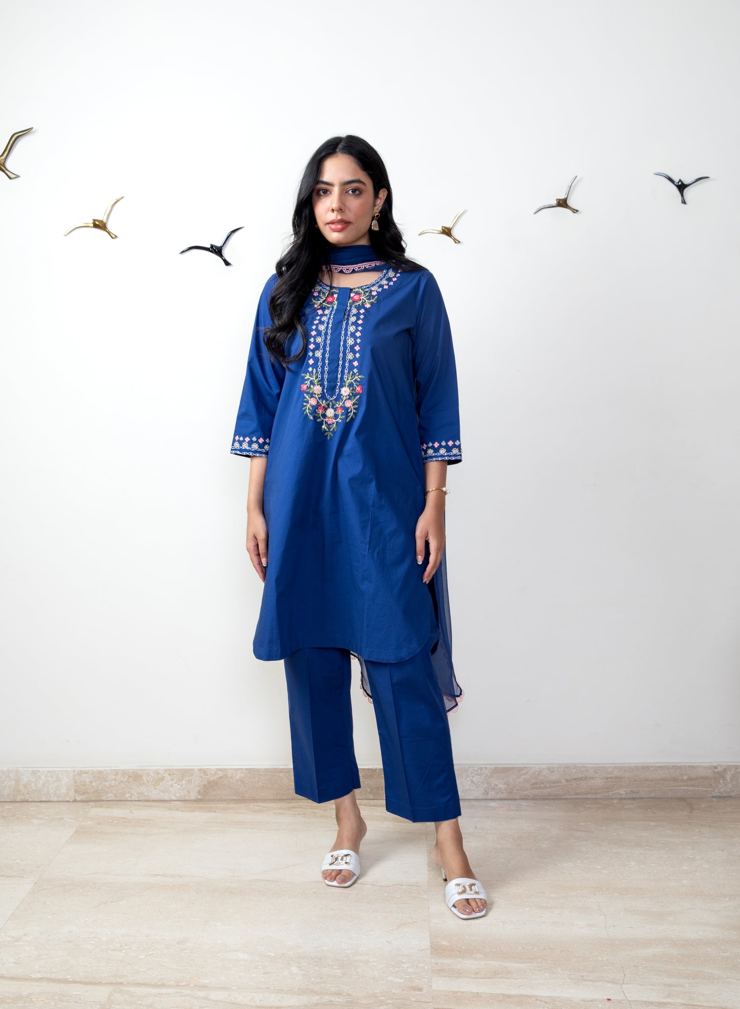 Navy blue tunic set with chiffon dupatta