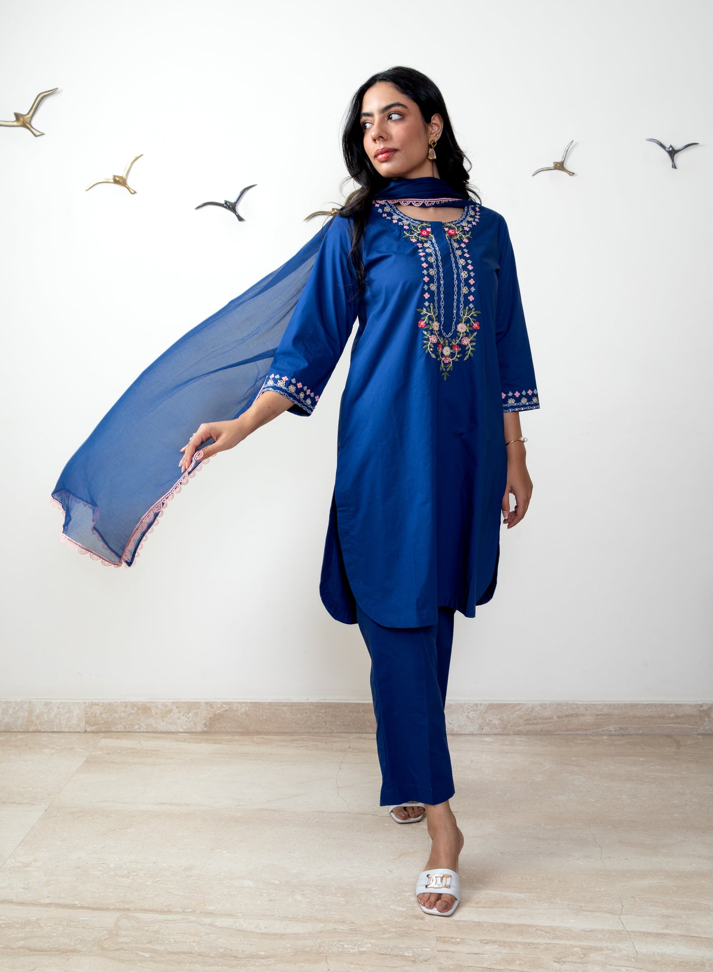 Navy blue tunic set with chiffon dupatta